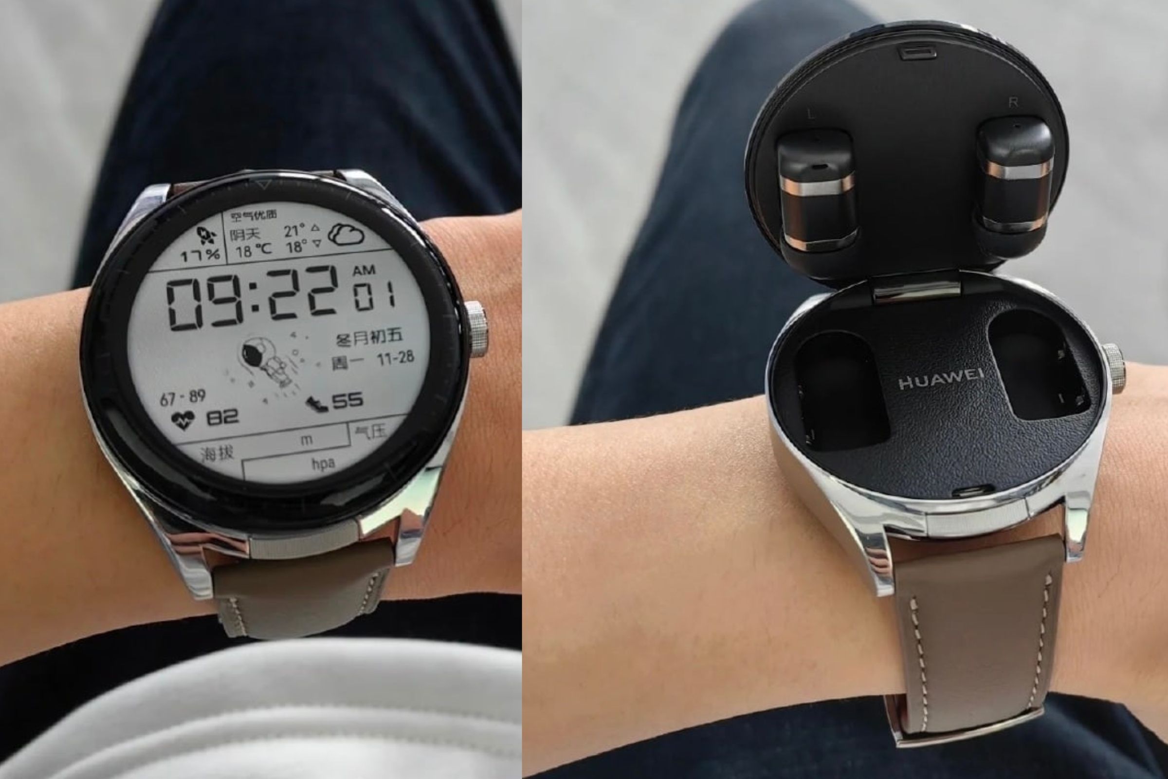 The Huawei Watch Buds on a wrist, open to reveal the concealed earbuds.