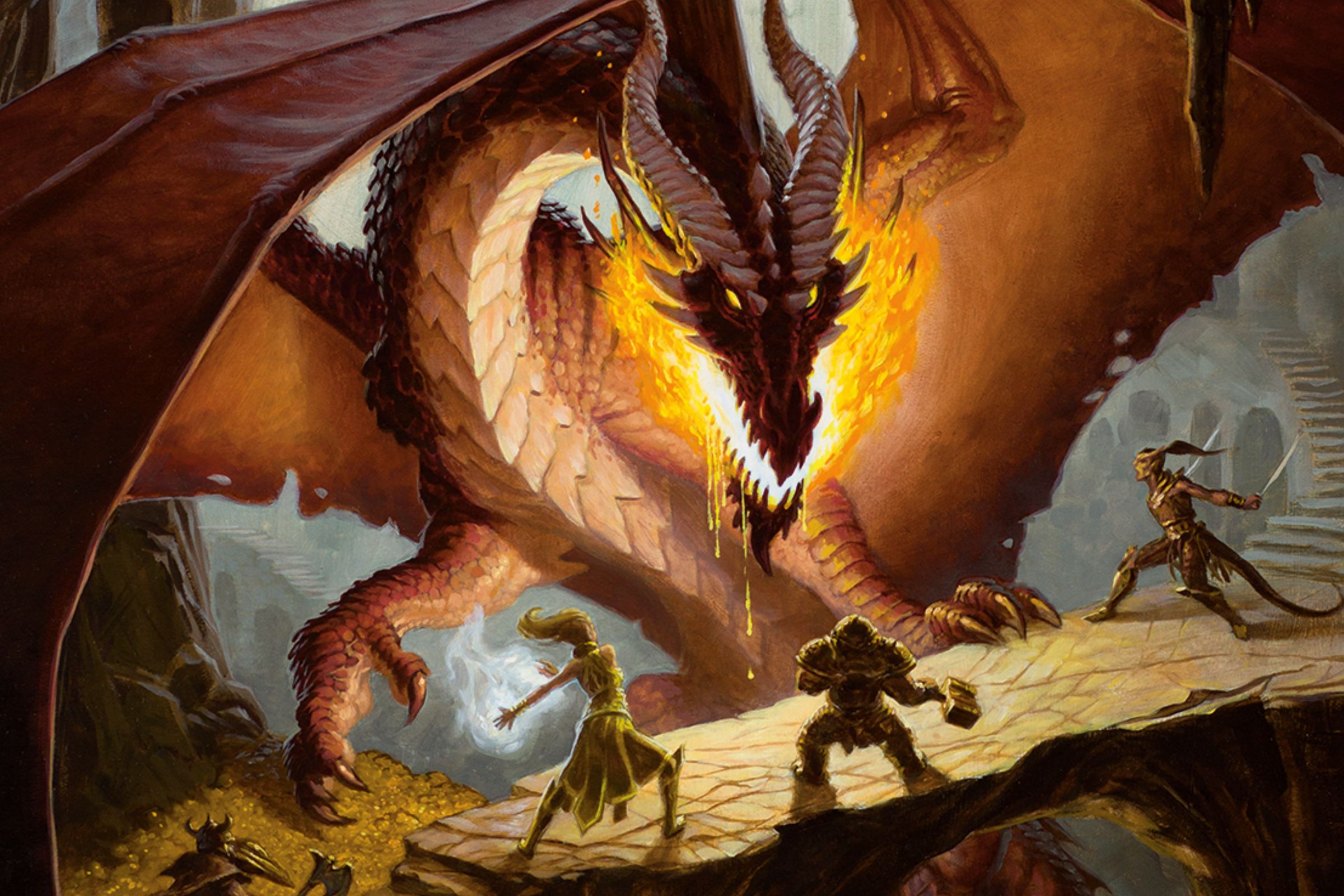 Official art from the Dungeons & Dragons tabletop roleplaying game depicting a party of adventurers fighting a large red dragon in a dungeon.