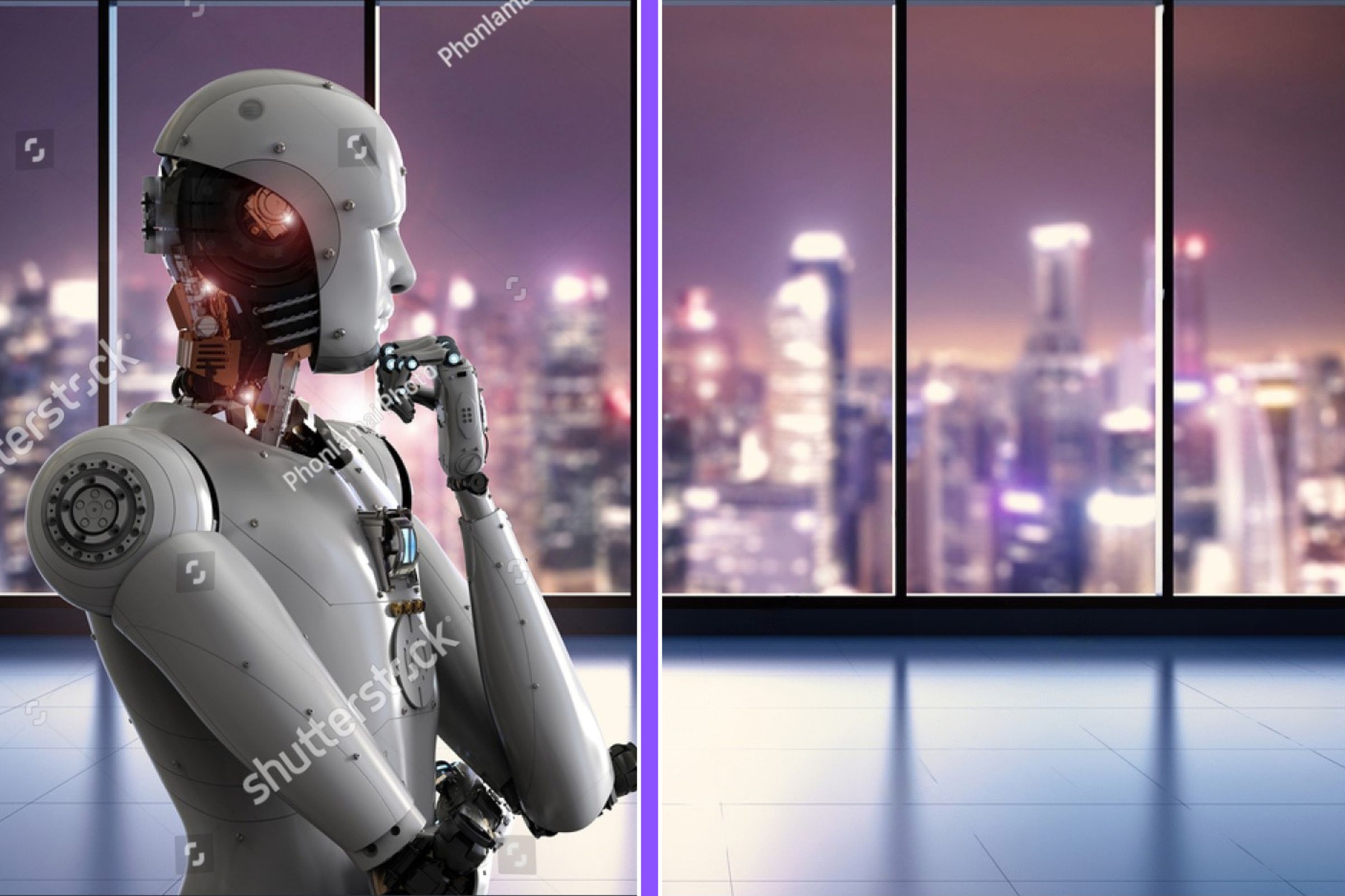 A 3D render of an android looking out of a window. The image is split, with watermarks shown on the left, while the right is clear.