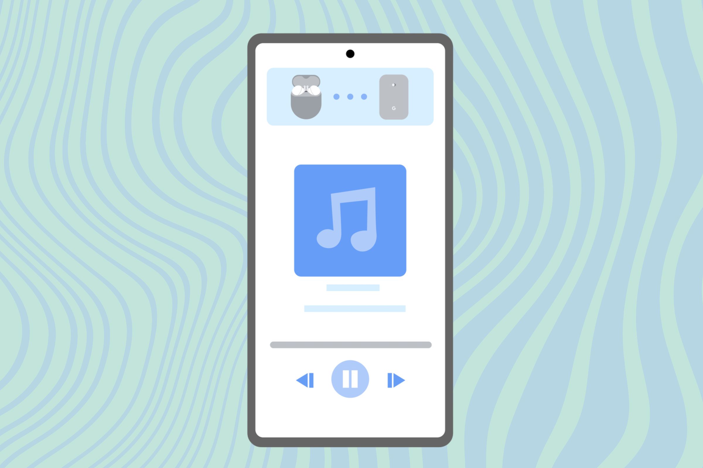 A digital illustration of a mobile phone displaying Google’s new uninterrupted listening feature for Android 13.