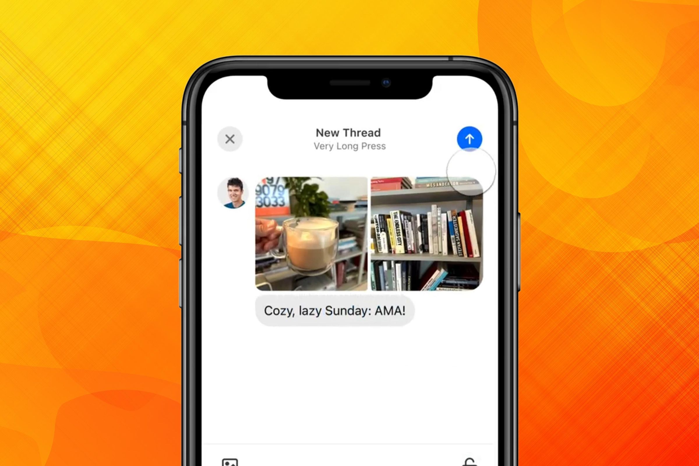 A mobile phone demonstrating Substack’s new Chat feature. The screen displays a new thread with pictures of coffe and a message that read “Cozy, lazy Sunday: AMA!” (Ask me anything).