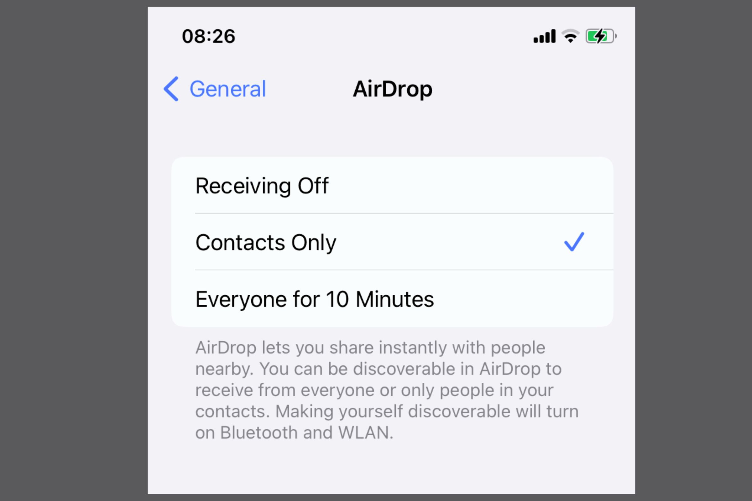 A screeshot of AirDrop on an iPhone, displaying the options of “Recieveing Off”, “Contacts Only”, and “Everyone for 10 Minutes.”