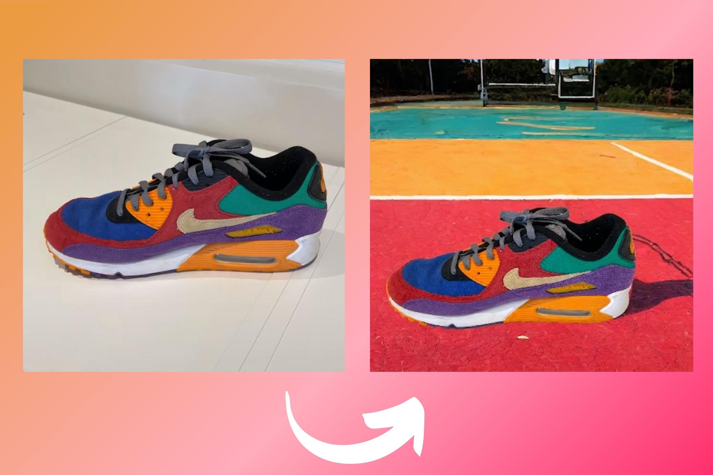 Two photographs of the same sneaker shoe. One is the original, another is the sneaker on an AI-generated background of outdoor sports court.