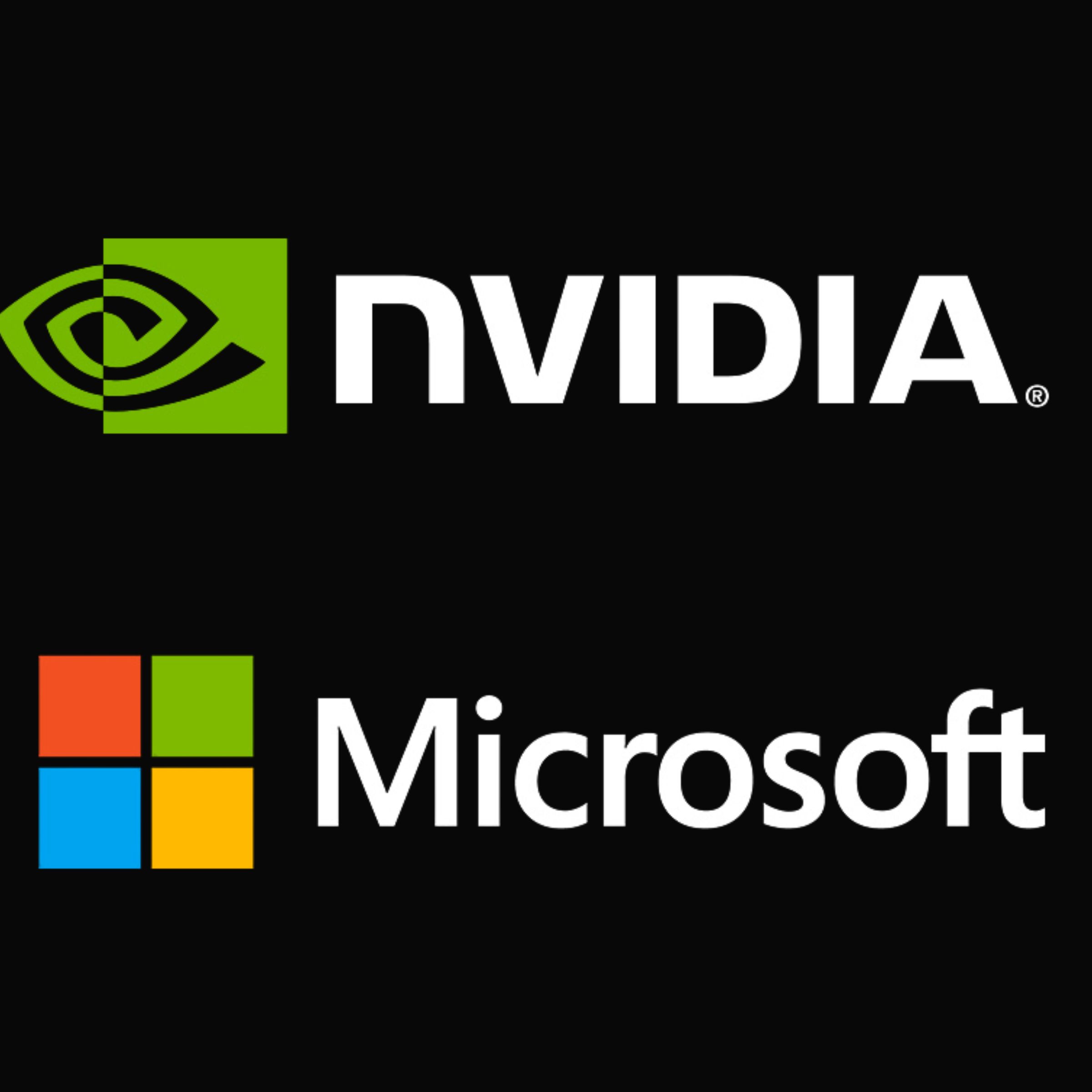 The brand logos for Nvidia and Microsoft on a plain back backdrop.