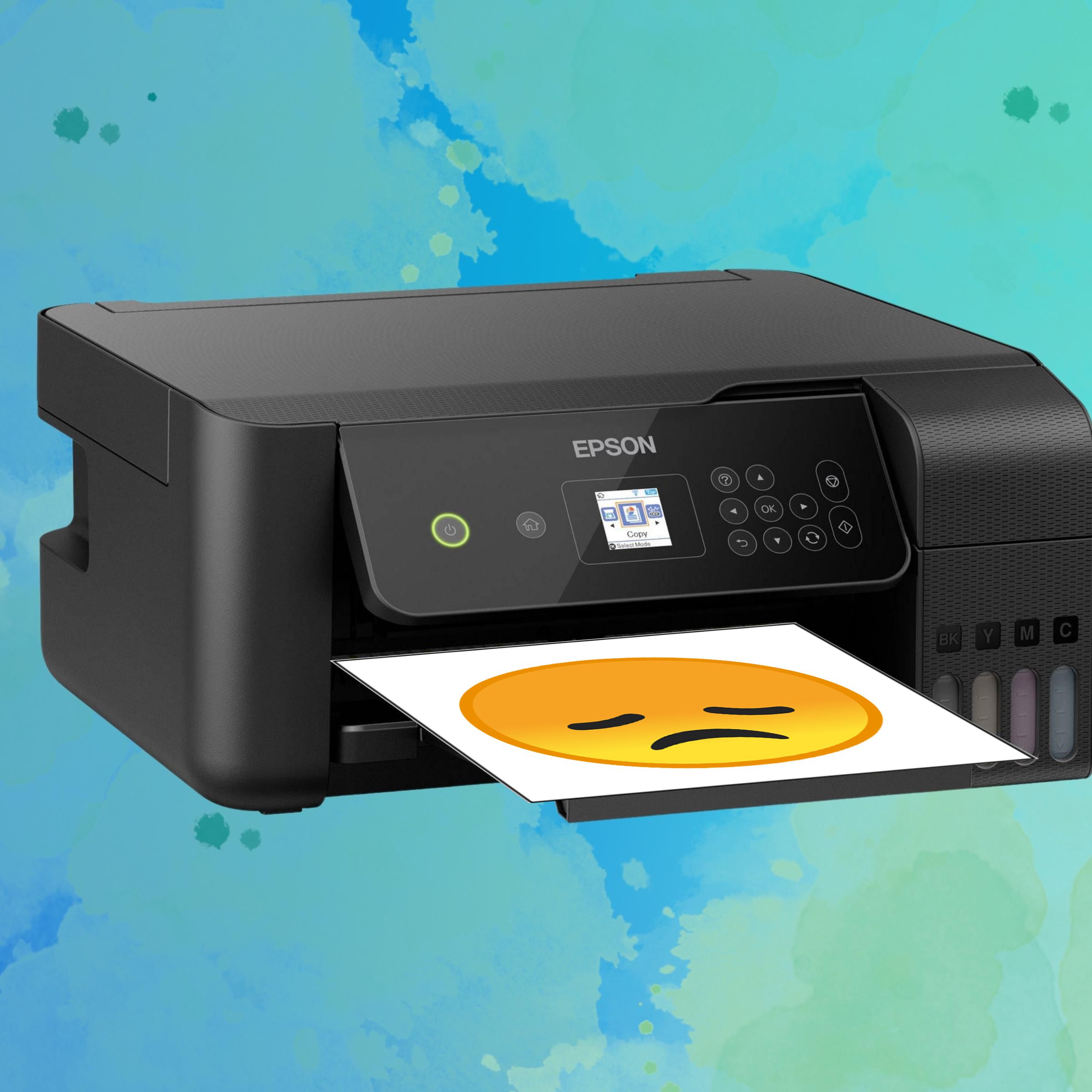 An Epson 2720 printer printing a sad emoji