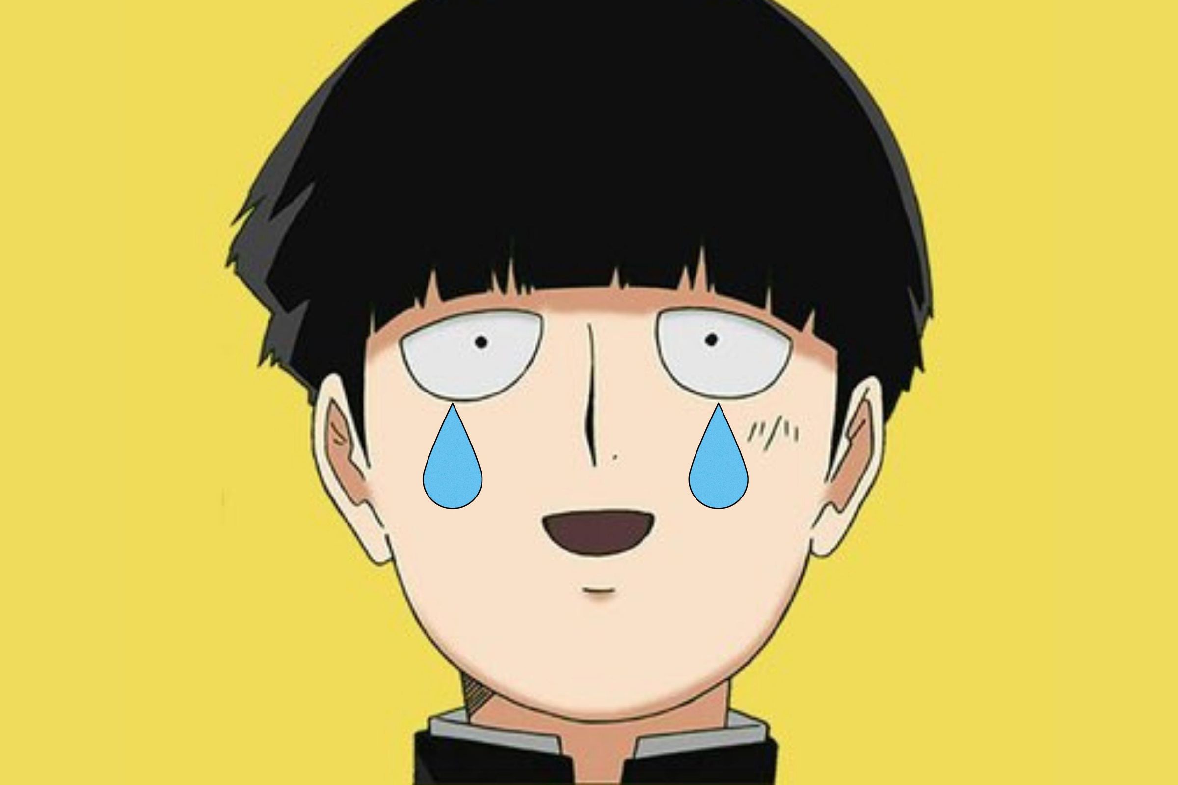 Mob (real name Shigeo Kageyama), an anime character from the show Mob Psycho against a yellow background with tears falling down his face.