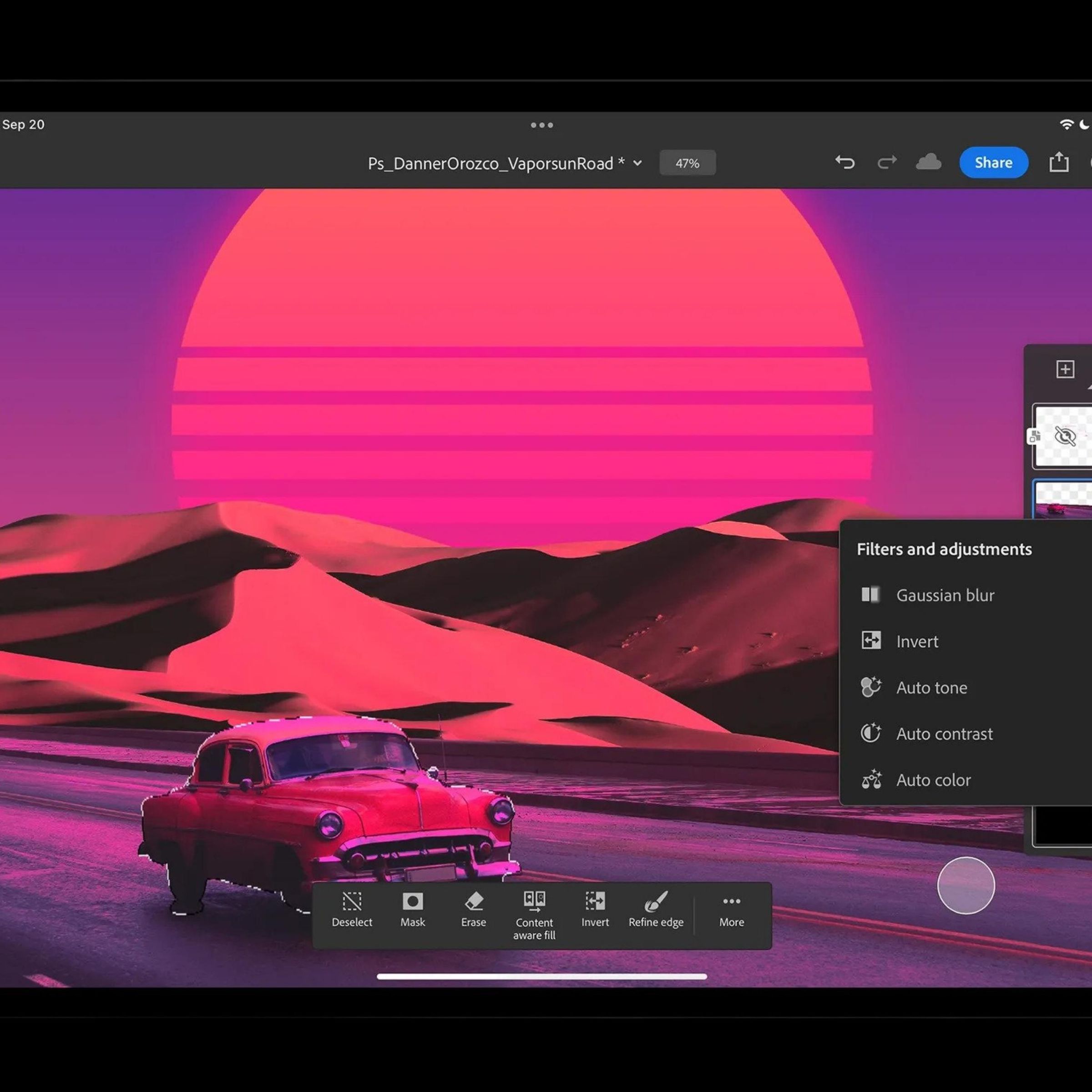 A vintage car against a pink and black synthwave style background, being edited on the iPad version of Photoshop.