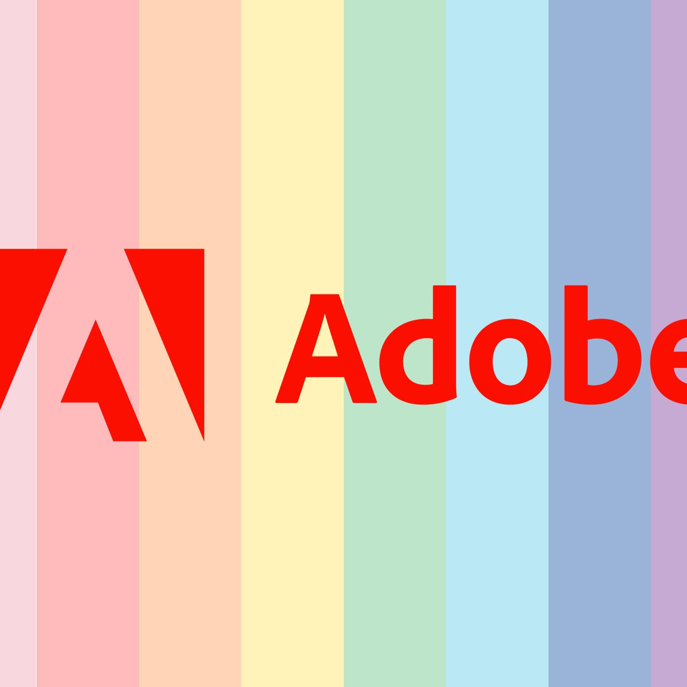 The Adobe logo against a pastel rainbow backdrop