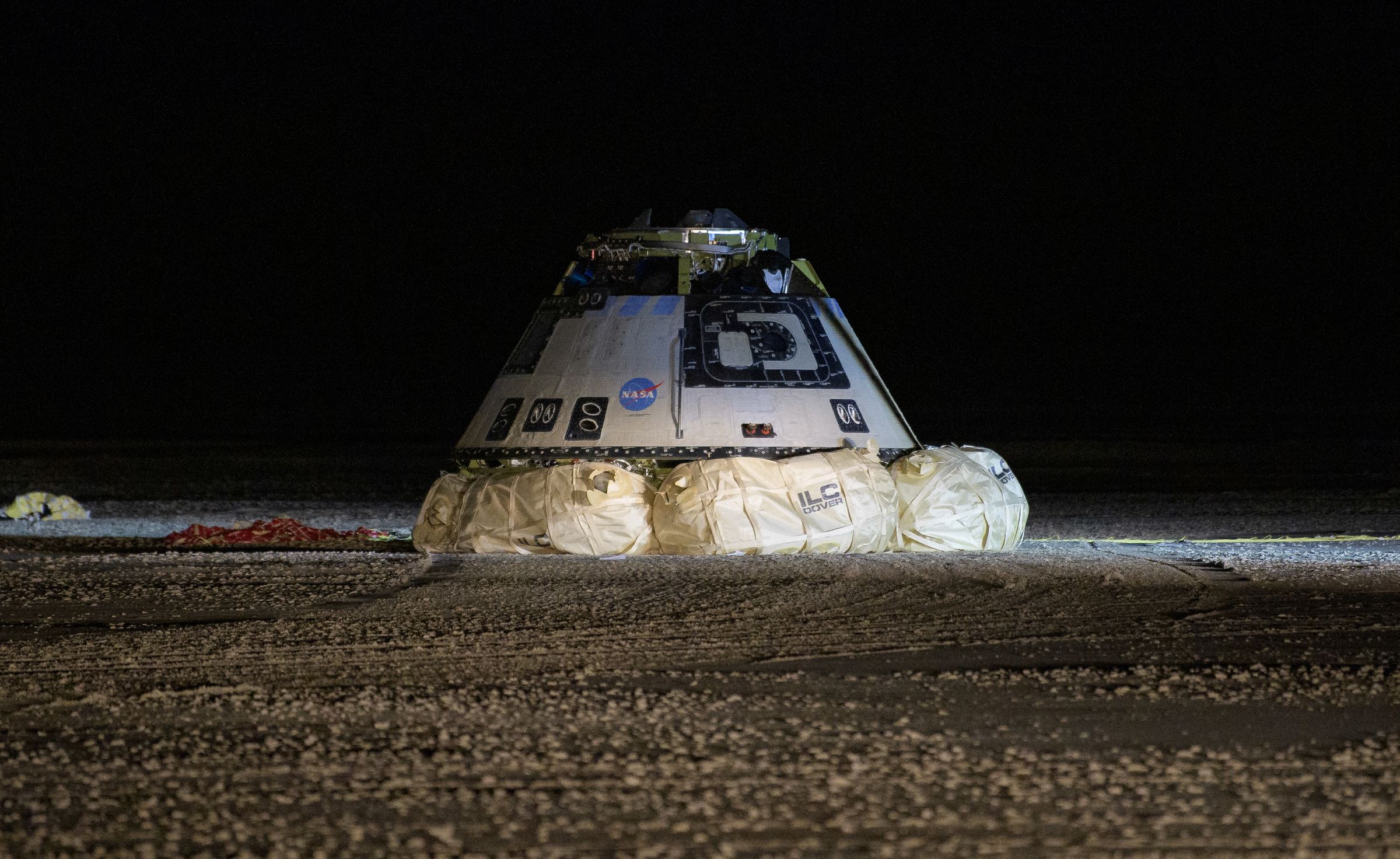 Boeing’s Starliner after landing in New Mexico, following its short flight.