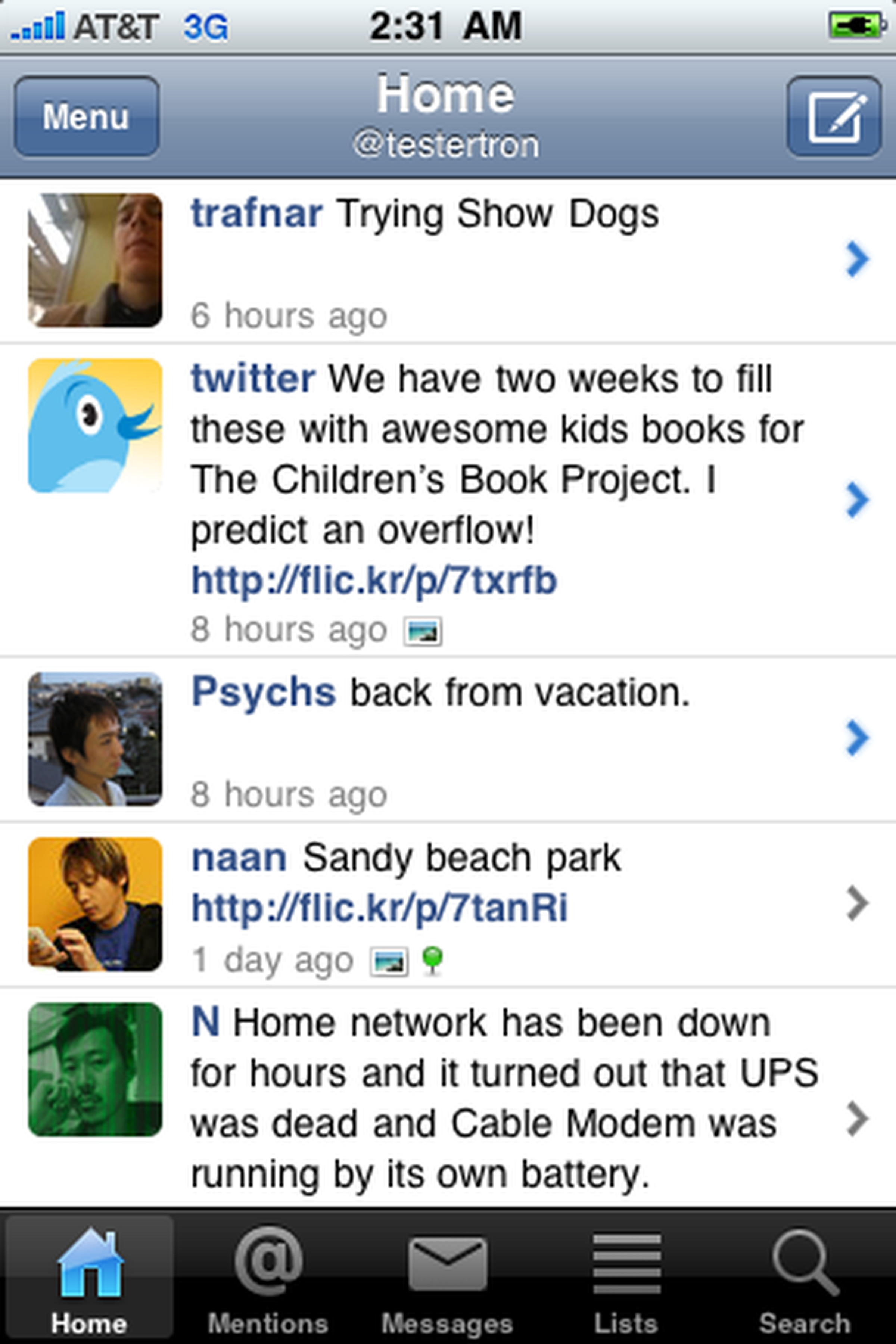 Capture d'écran de l'application Echofon Twitter affichant la vue chronologique.