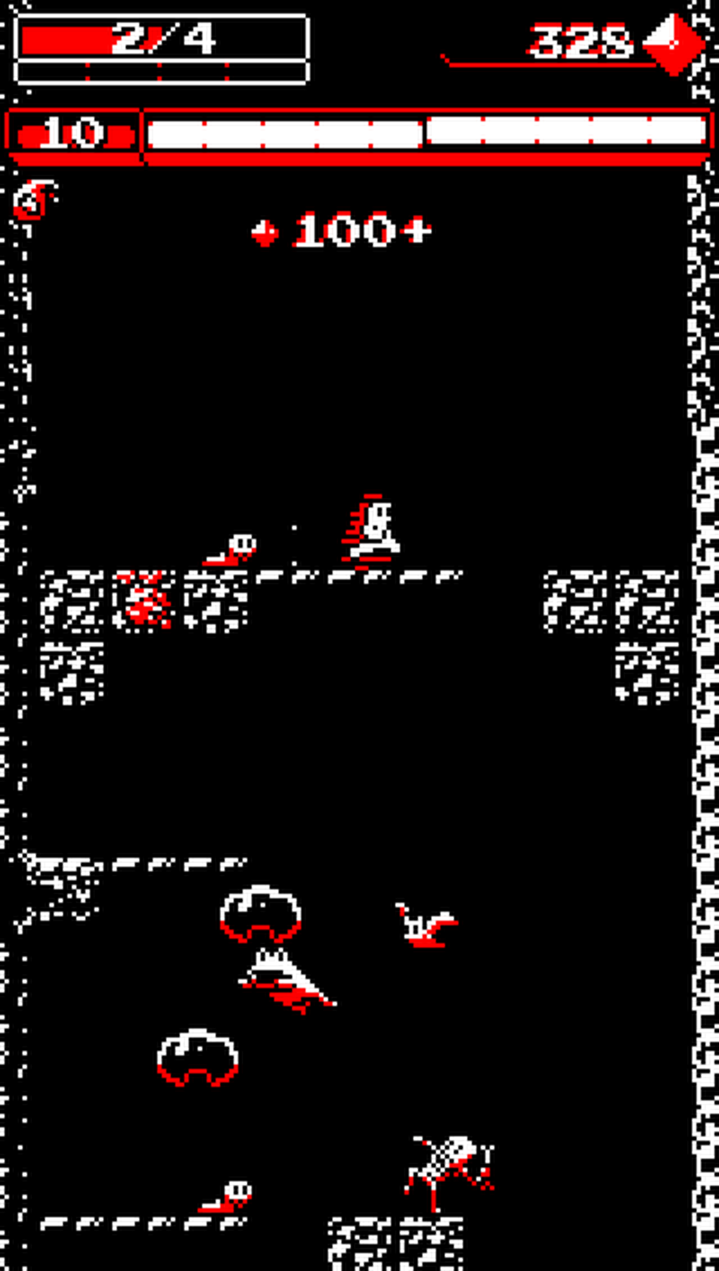 A screenshot from the video game Downwell+.