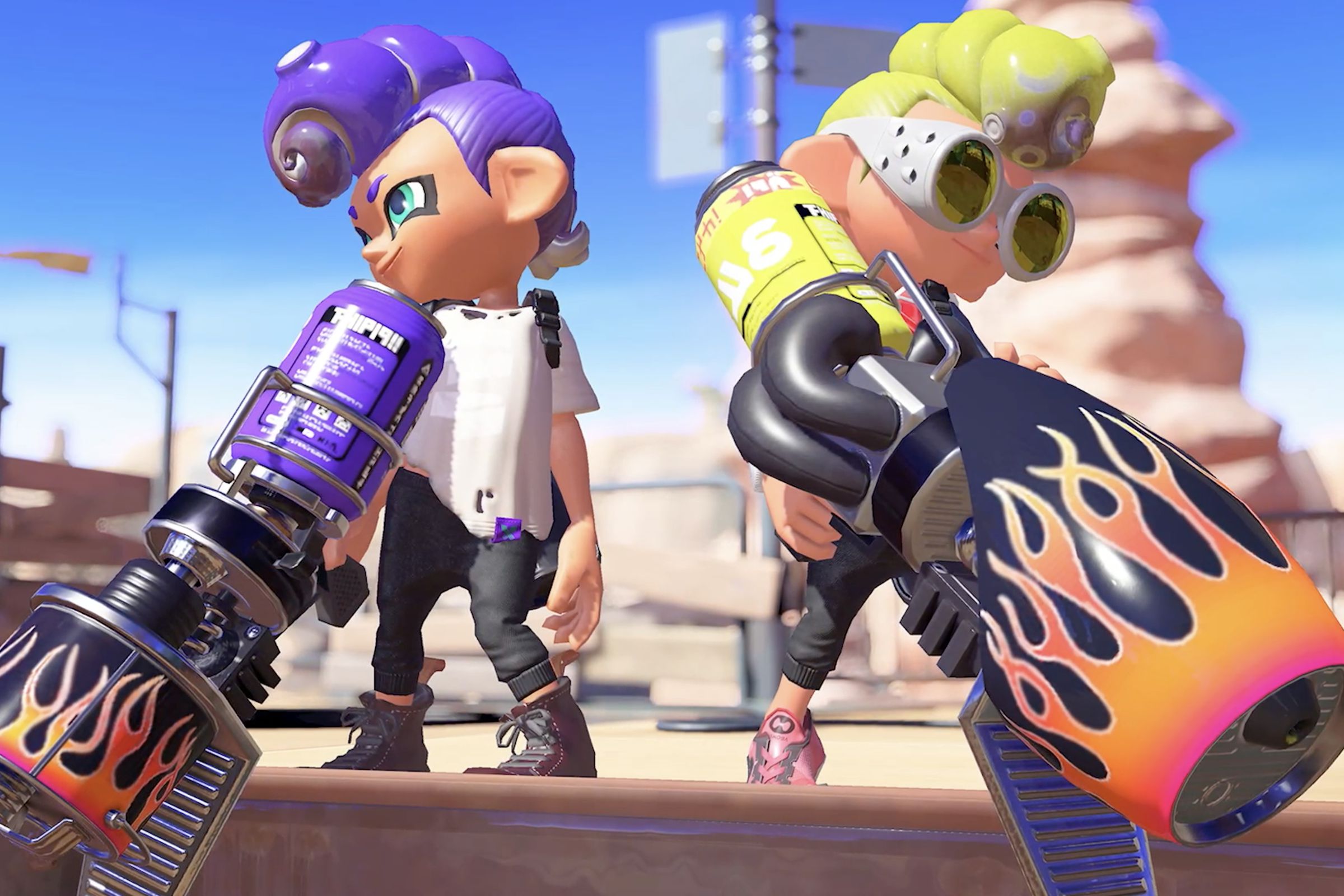 A screenshot of Splatoon 3, showing two characters back to back, each holding a bazooka that shoots ink.
