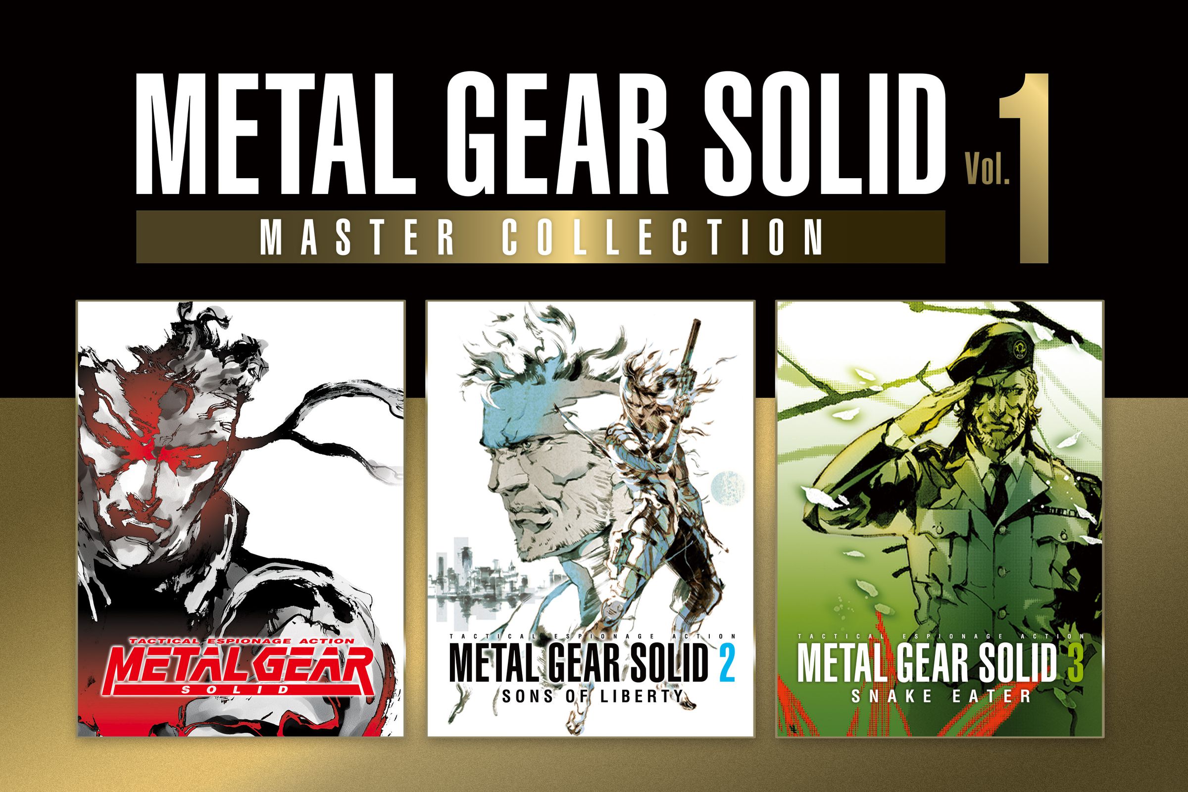 Metal Gear Solid Master collection press shot, with front covers of MGS1, 2, and 3.