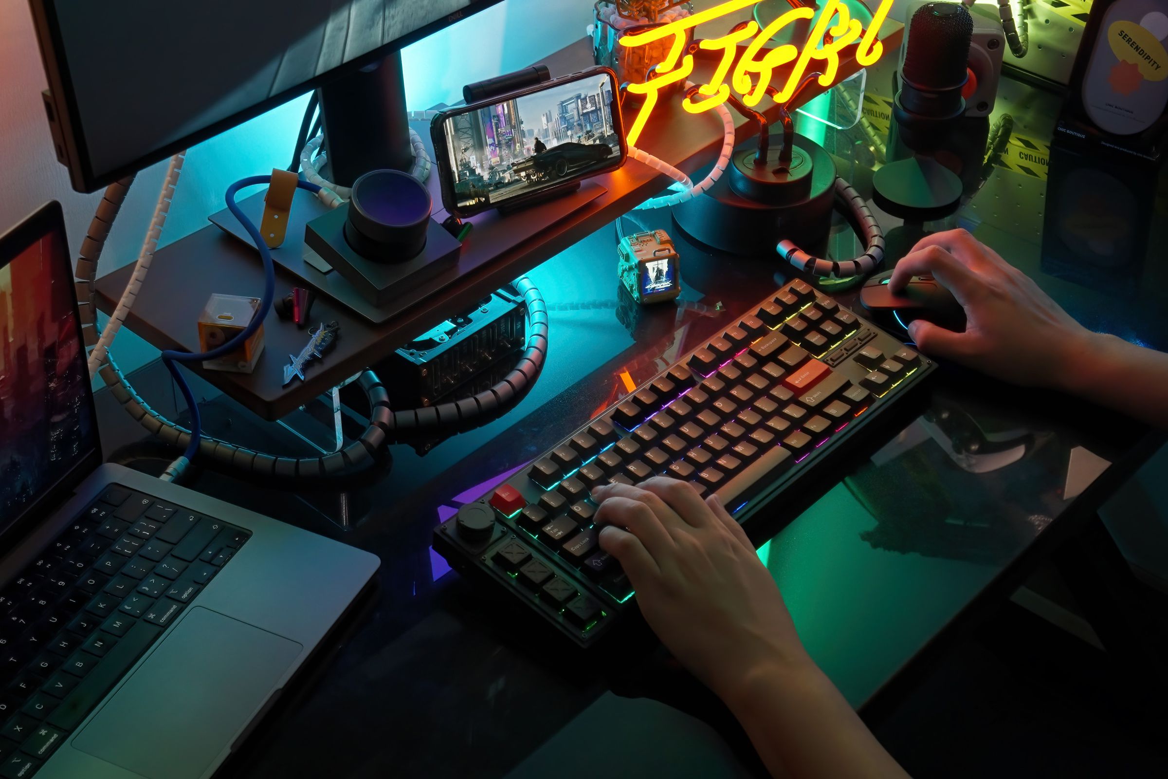 A person using a keyboard and mouse to play a game.