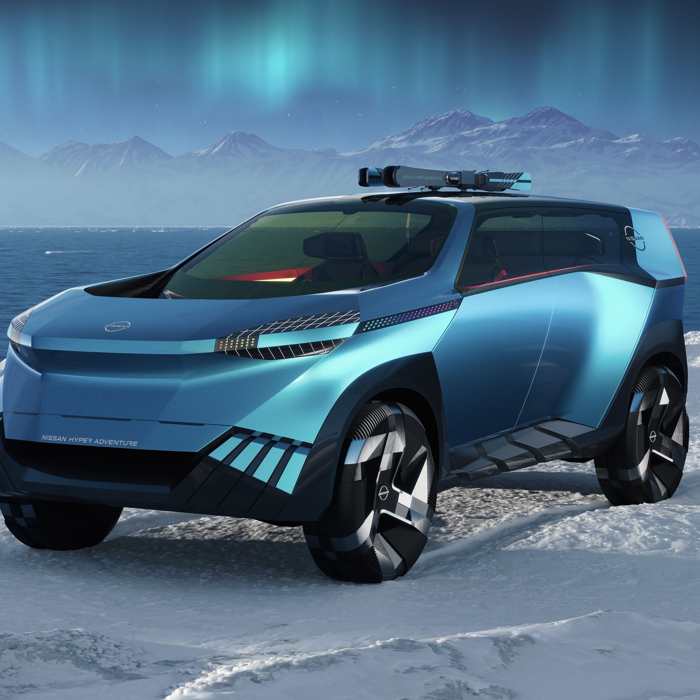 Blue polygonal SUV on snowy scape with skis on top