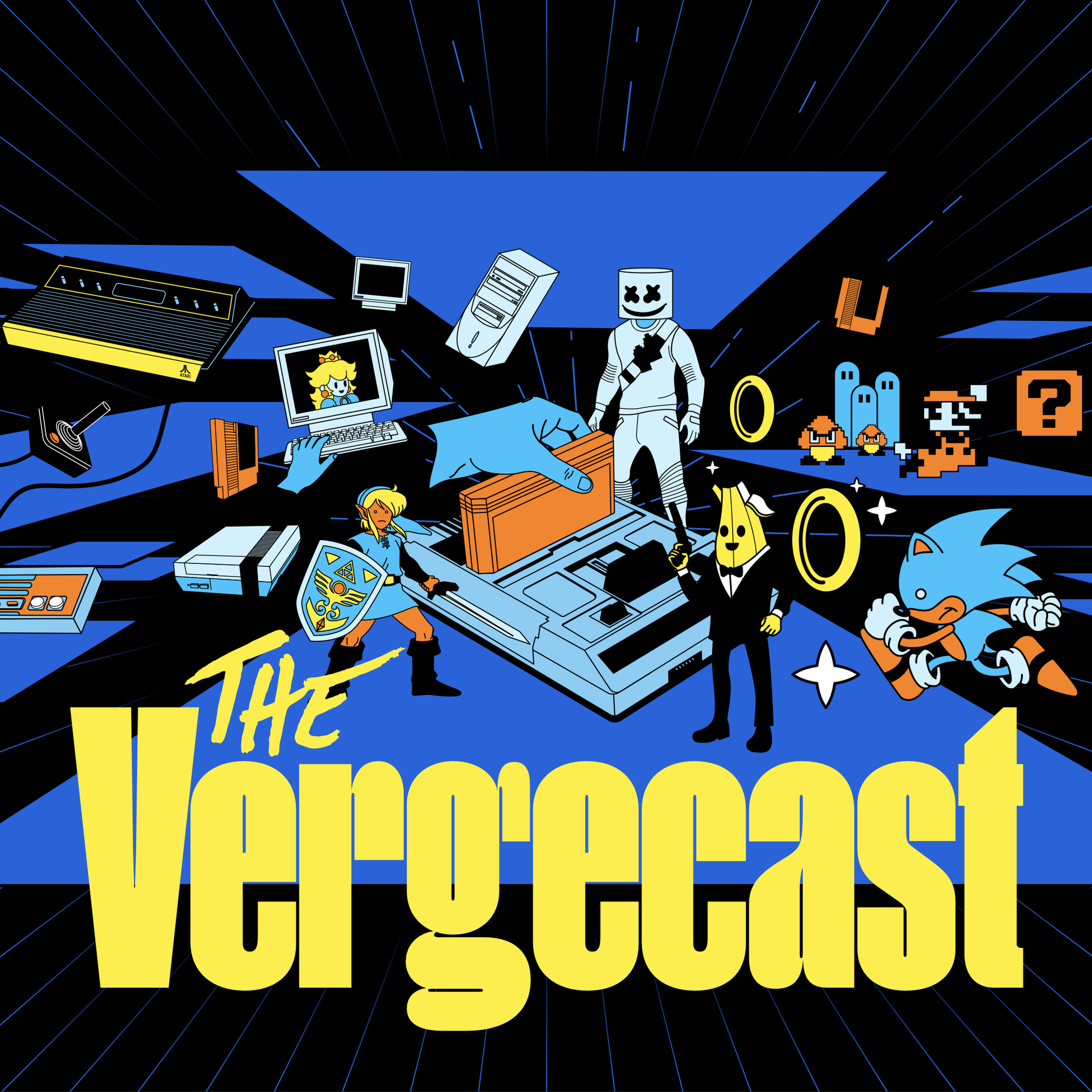 A stylized version of the Vergecast logo, showing old video games.