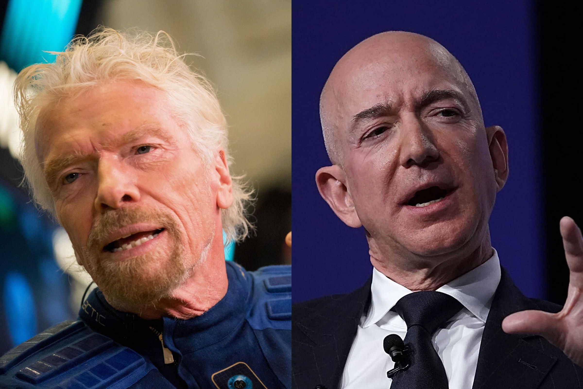 As Richard Branson (left) prepares for his flight to space, the rivalry between his space company Virgin Galactic and Blue Origin, owned byJeff Bezos (right) is heating up.