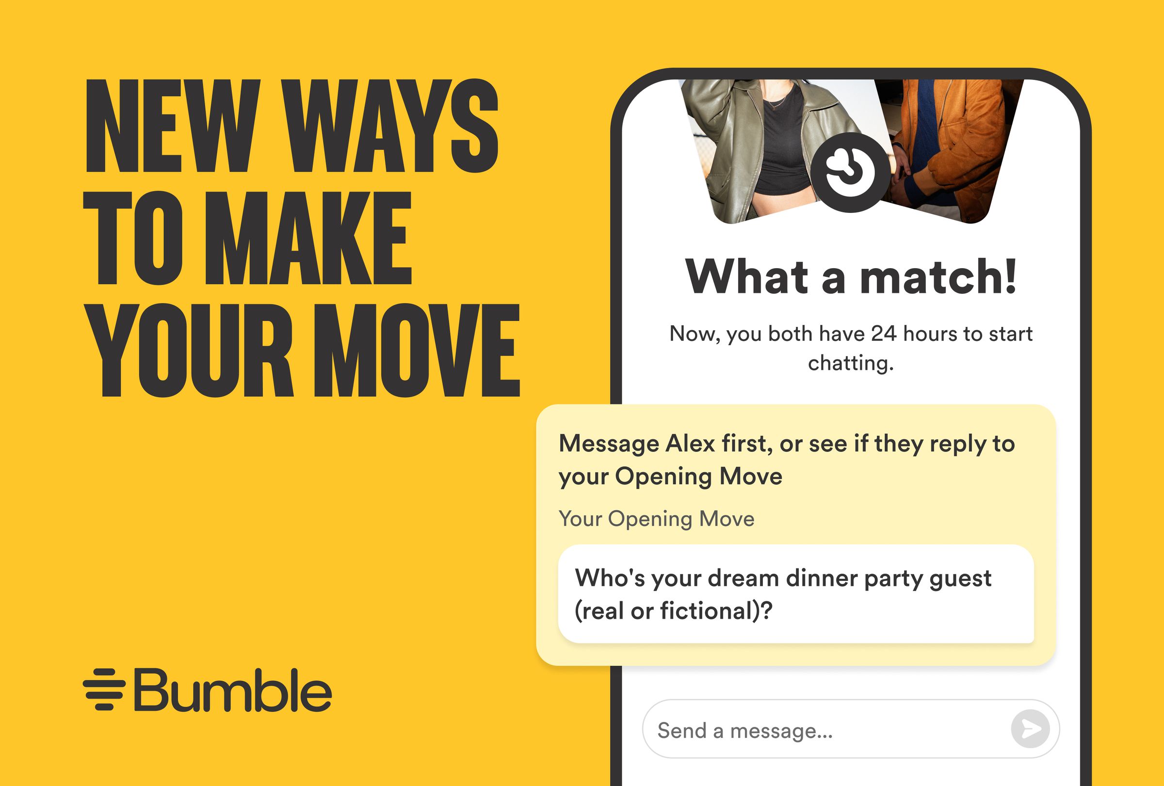 A marketing image showing Bumble’s new opening move feature