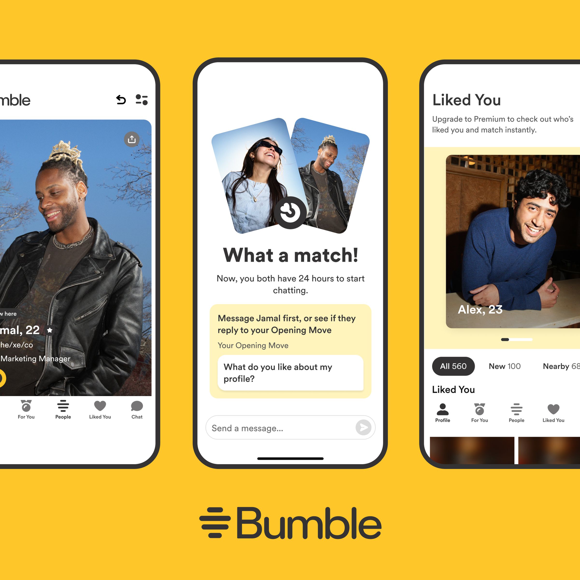 A series of three images showing Bumble’s redesigned app