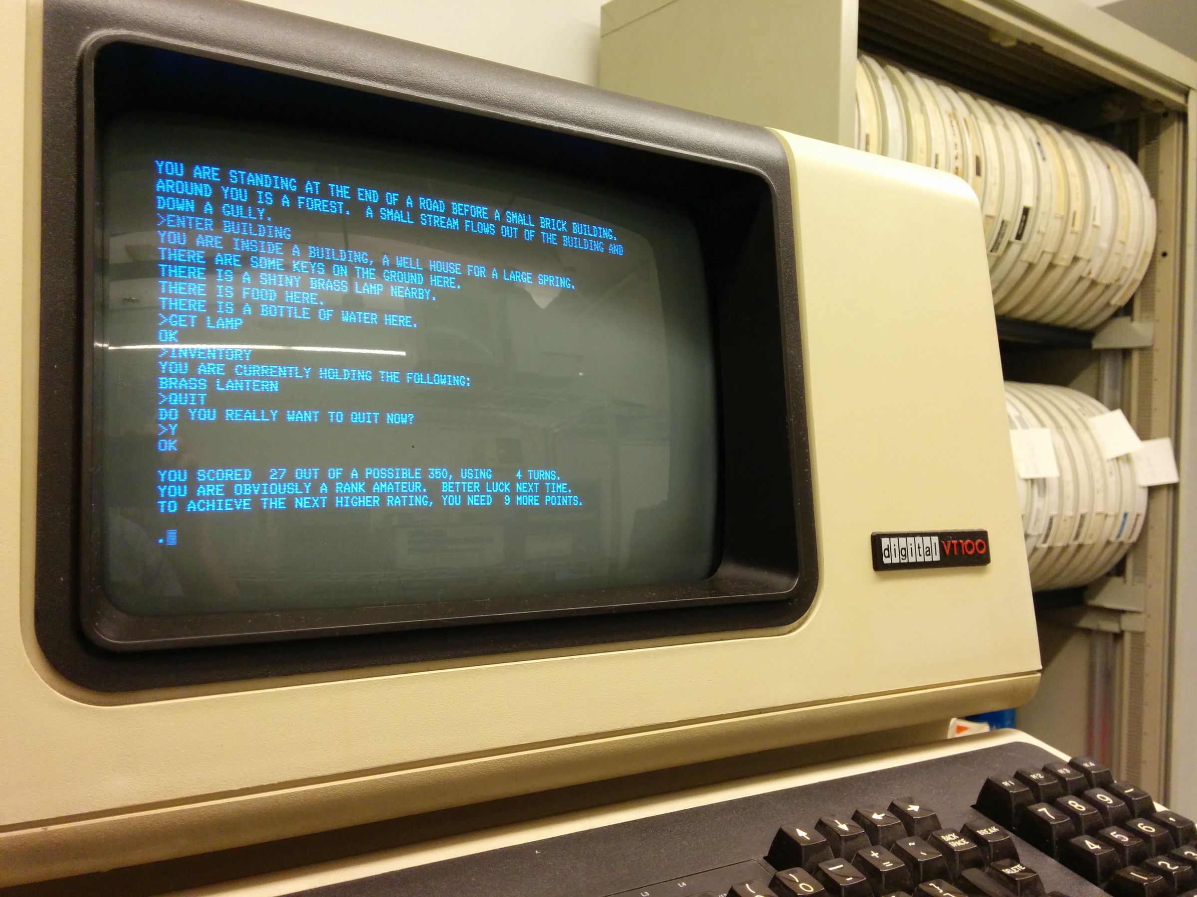 Colossal Cave Adventure running on a PDP-11/34 with a monitor.