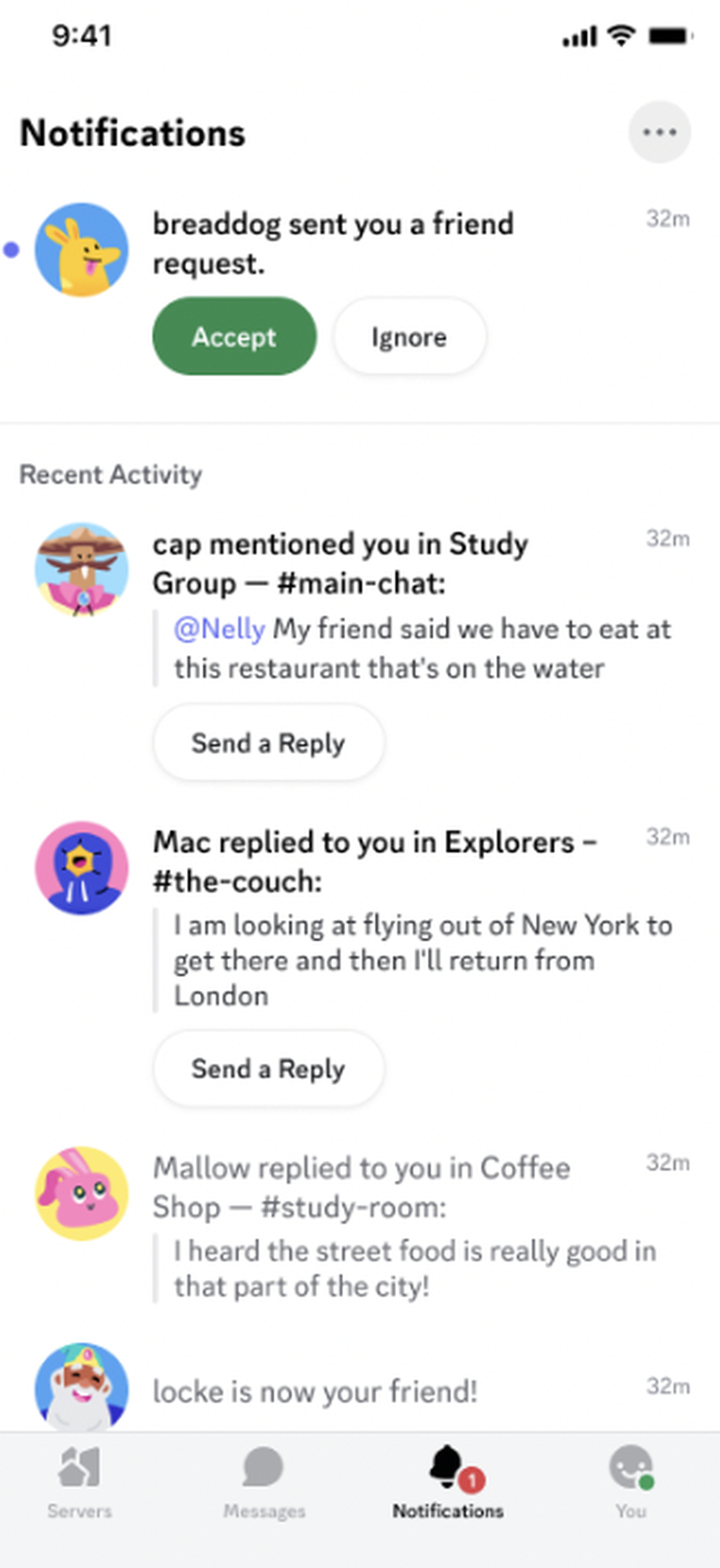 The Notifications tab in the updated Discord mobile app.