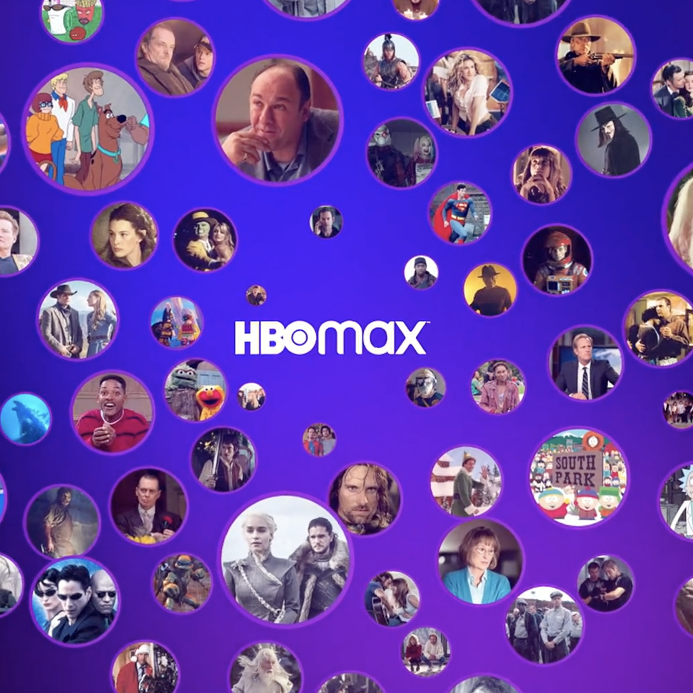 The HBO logo surrounded by circles containing actors in many of its programs.