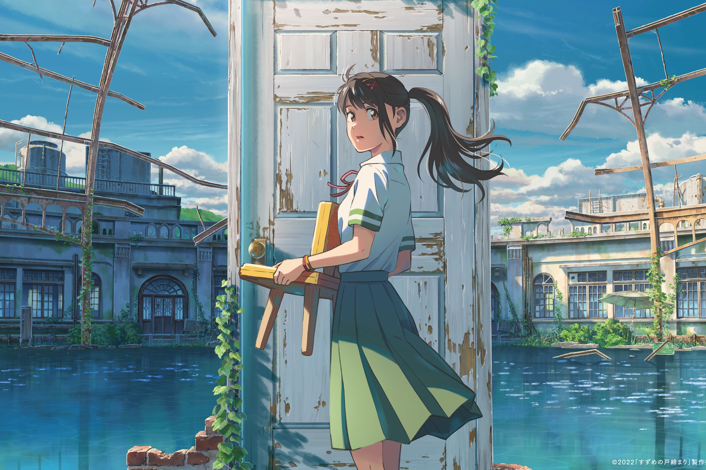 A girl in a Japanese high school uniform holding a children’s stool and standing in front of a door standing independently of any walls. The door is old, covered in ivy, and she’s standing at the center of a pool of water in what looks like an abandoned hot springs spa.