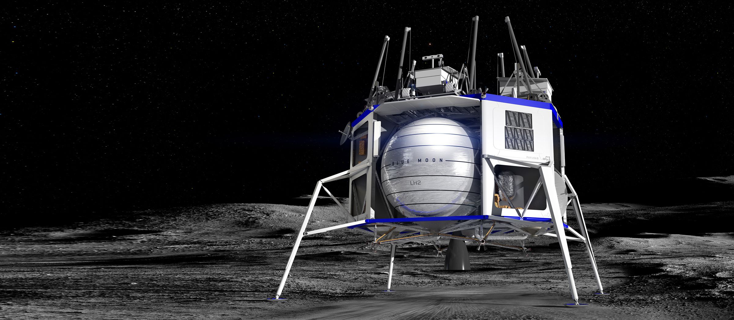 An artistic rendering of Blue Origin’s Blue Moon lander on the surface of the Moon