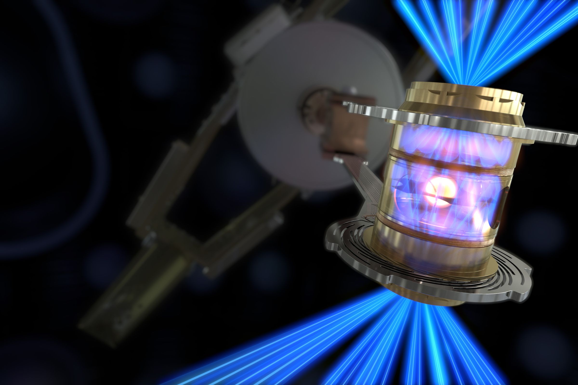 An artist rendering lasers beams shot at a fuel capsule