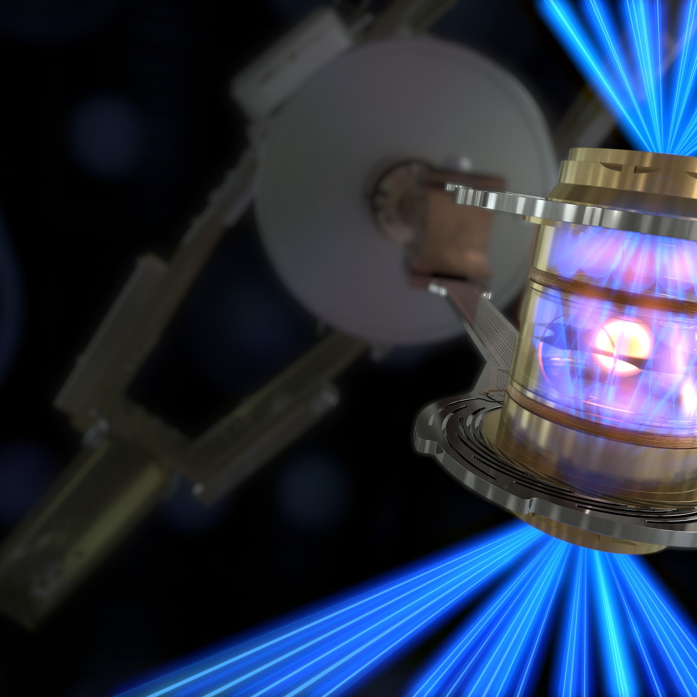 An artist rendering lasers beams shot at a fuel capsule