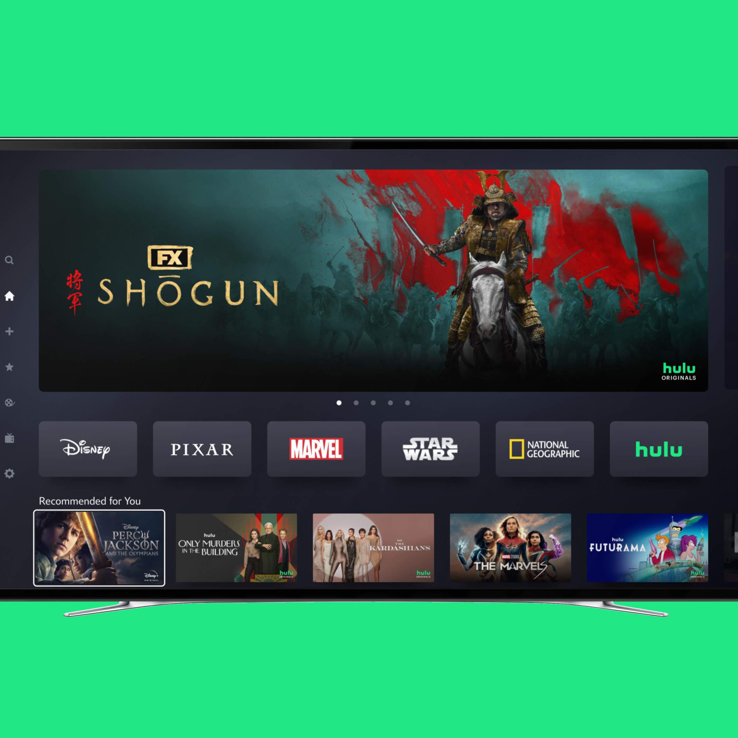 A screenshot of Disney Plus on a TV, showing the Hulu tile.