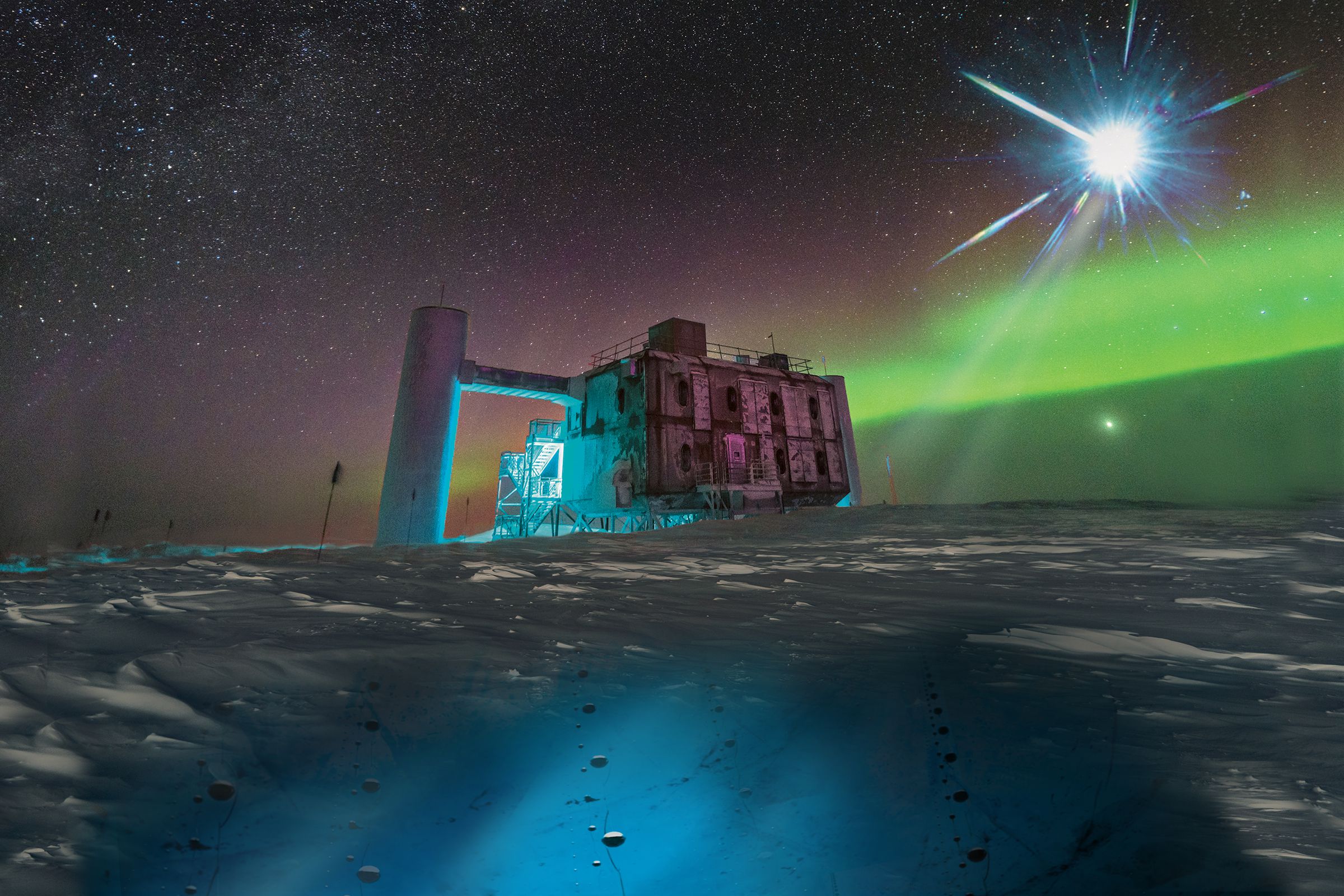 A rendering of the IceCube Observatory in Antarctica detecting neutrinos.