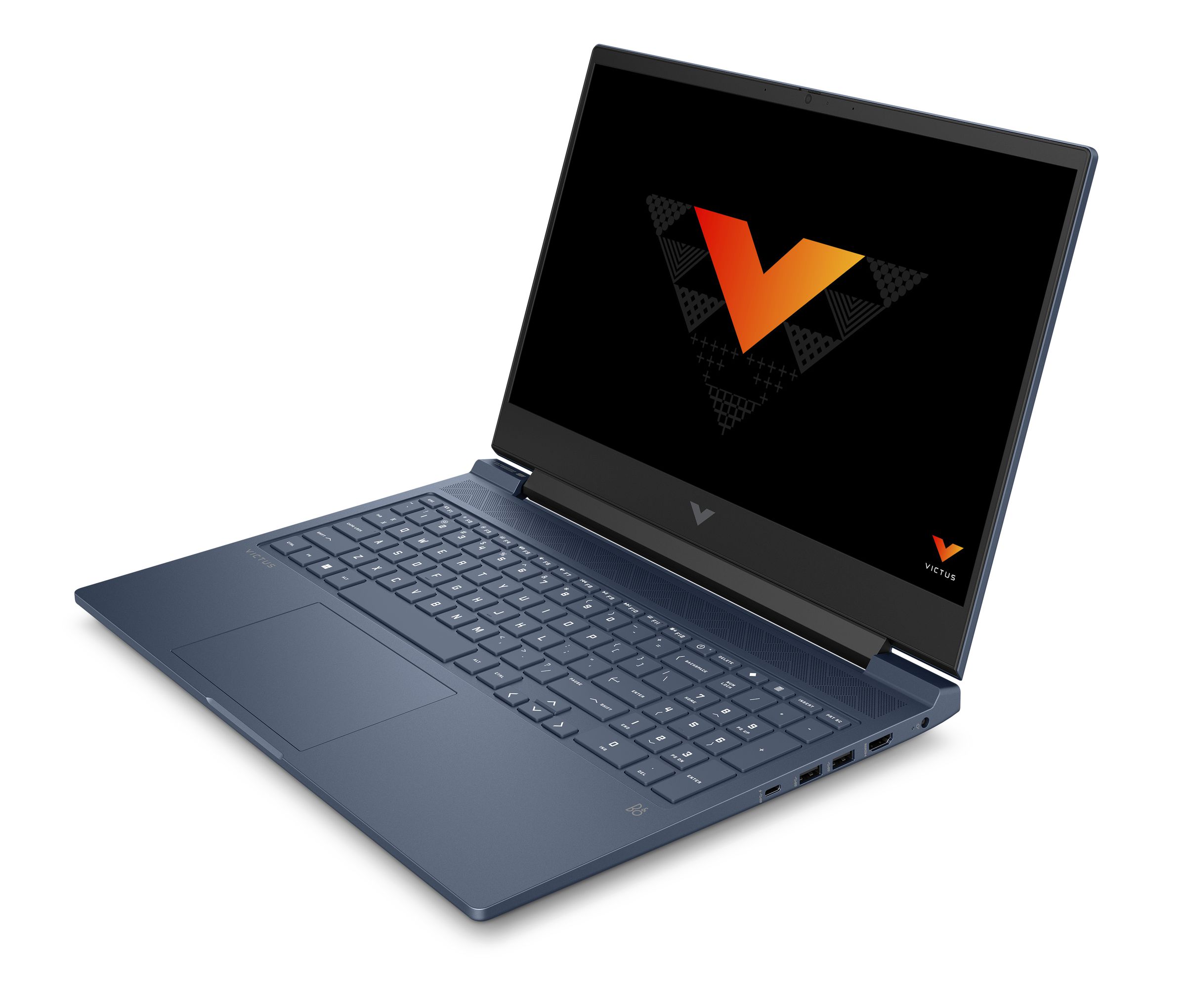 The HP Victus 16 open on a white background with the screen displaying the Victus logo.