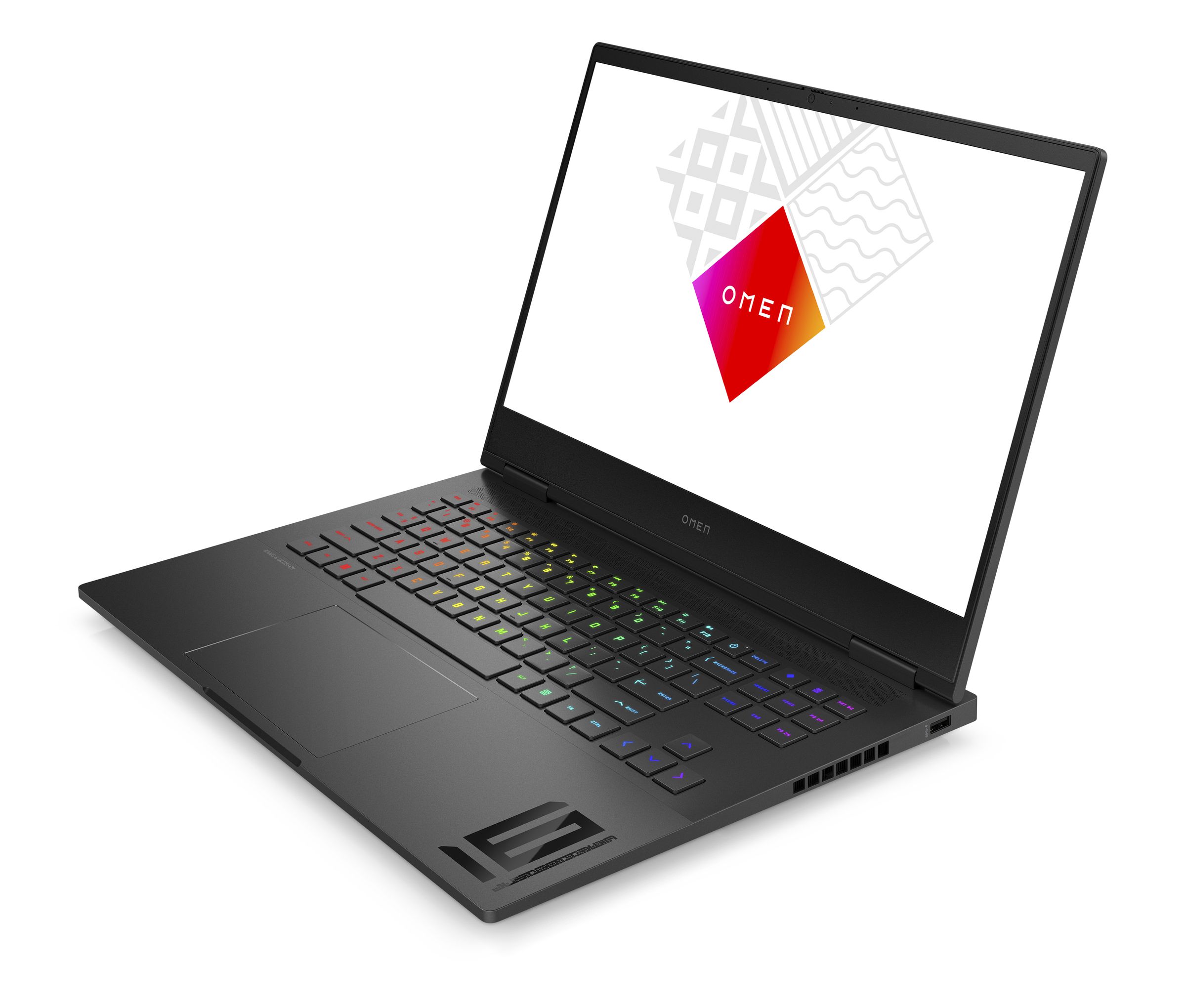 The HP Omen 16 open on a white background with the RGB keyboard illuminated and the screen displaying the Omen logo.