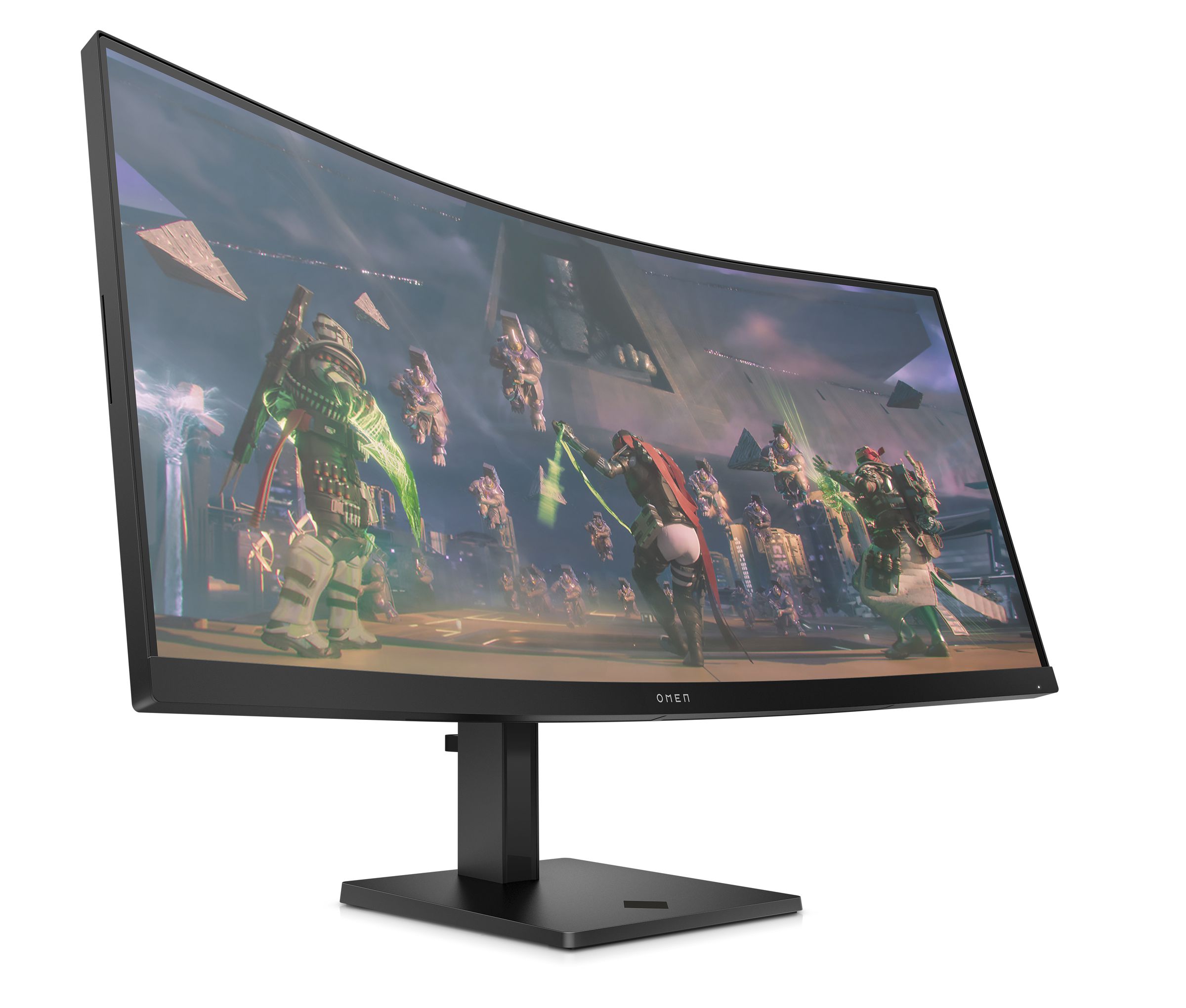 The HP Omen 34c gaming monitor against a white backdrop.
