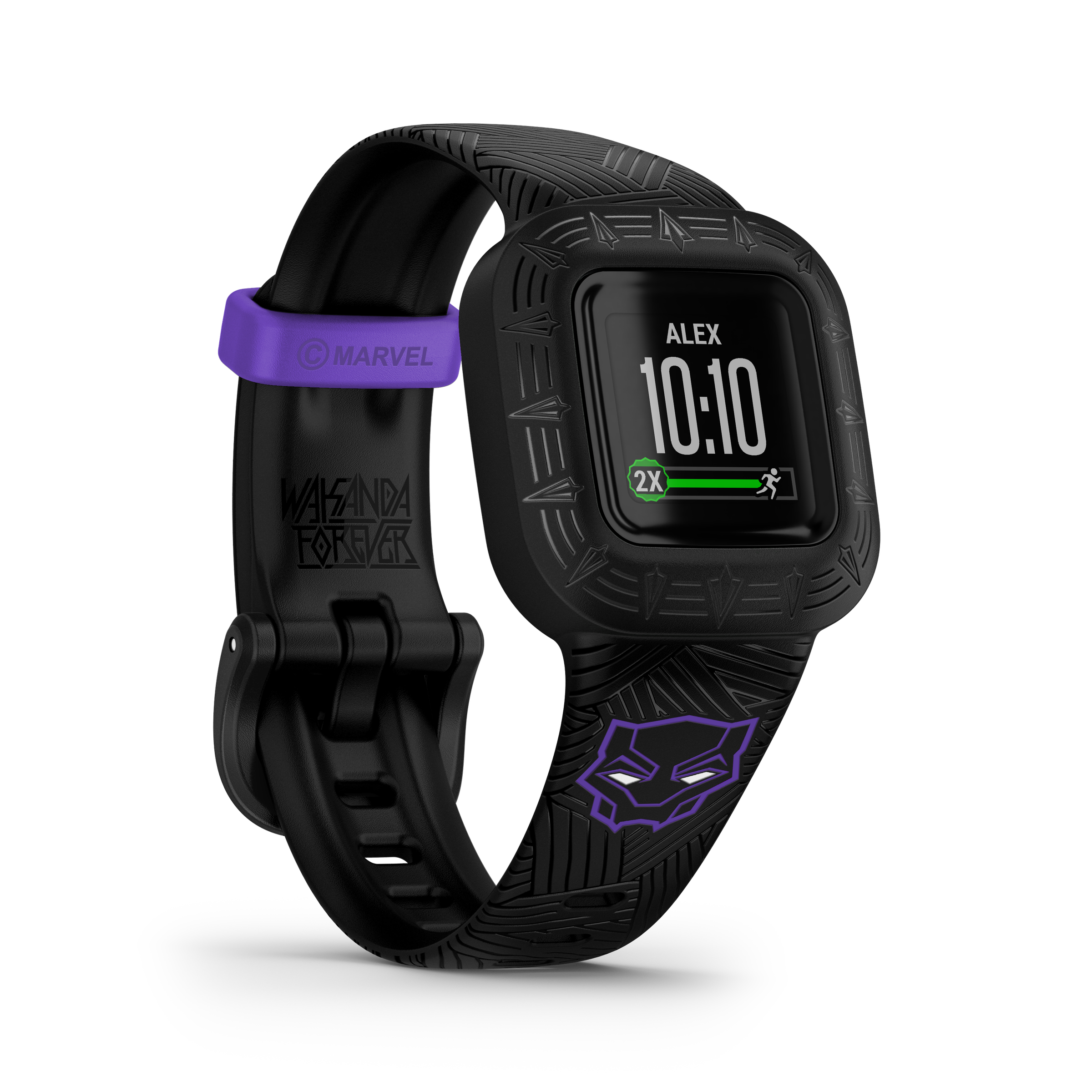 A render of the new special edition Black Panther Vivofit Jr. 3, which adds purple accents on the band.