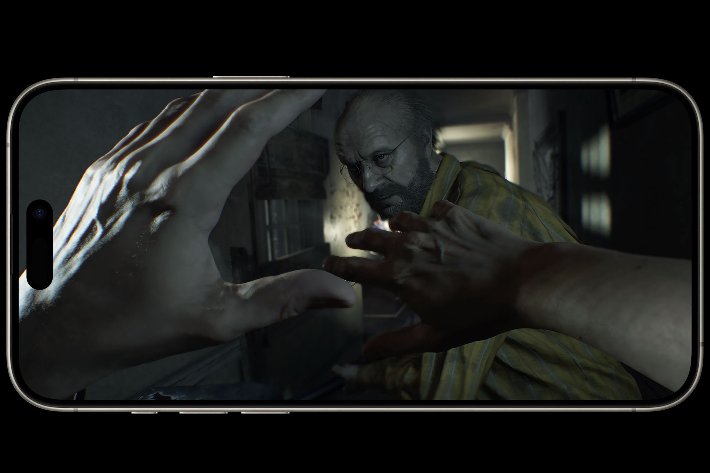 iPhone running resident evil 7, first person view with hands defensively held out against an enemy,