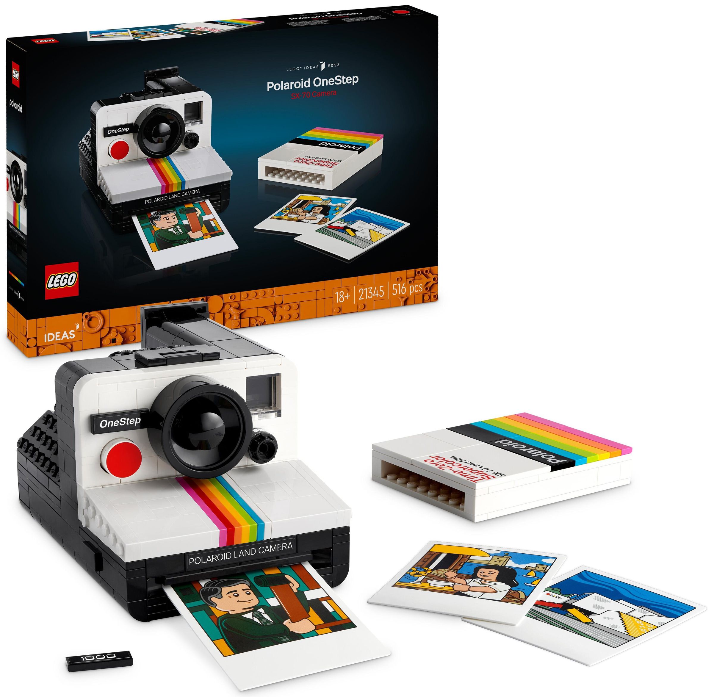 A photo of the Lego Polaroid camera next to some photos and the box.