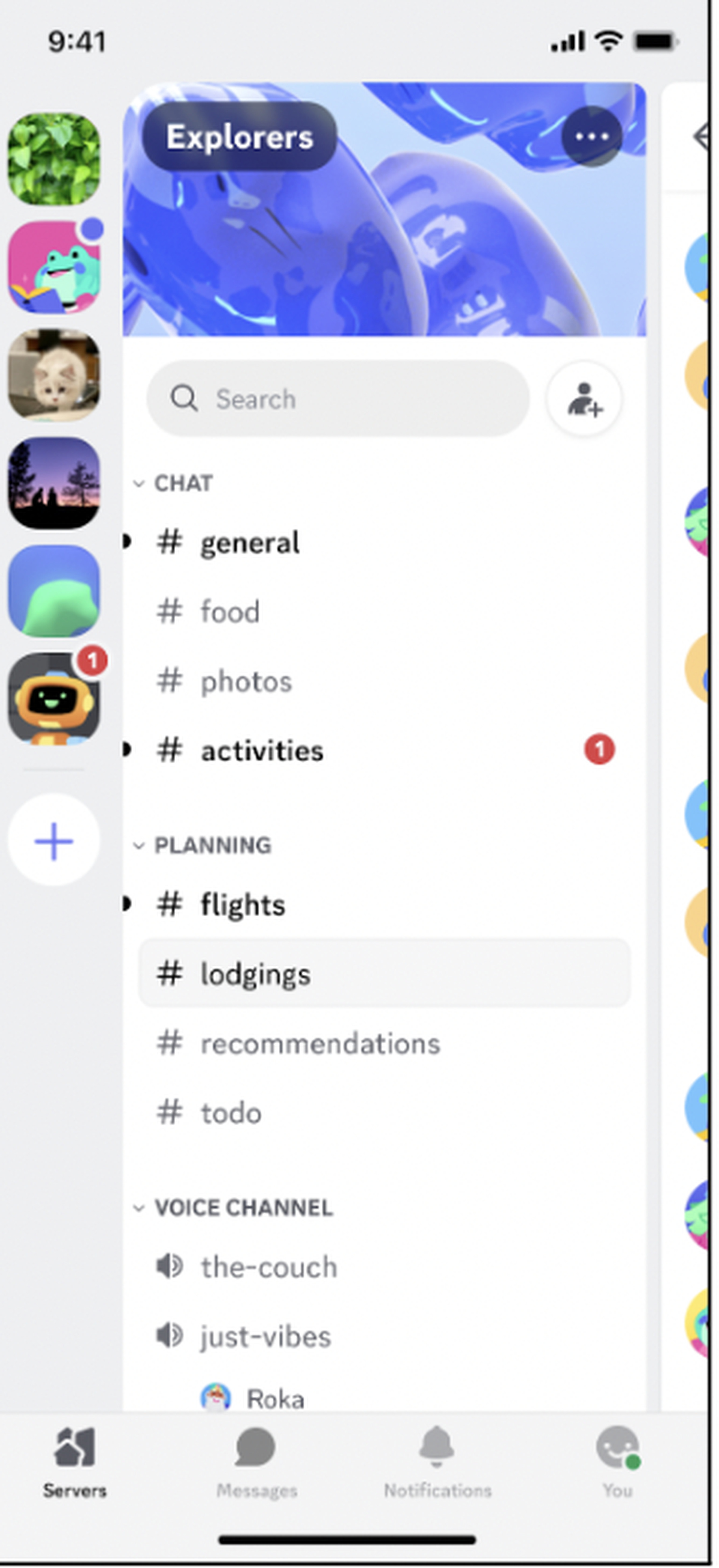 The server list on Discord’s updated mobile app.