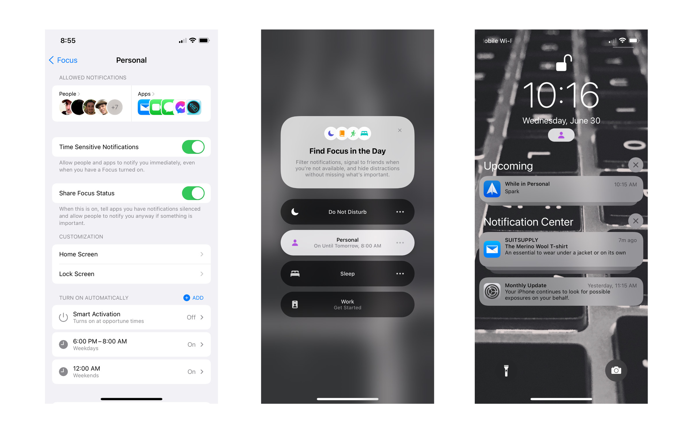 Focus settings (left), the expanded Do Not Disturb menu (middle), and Focus-siloed notifications (right).