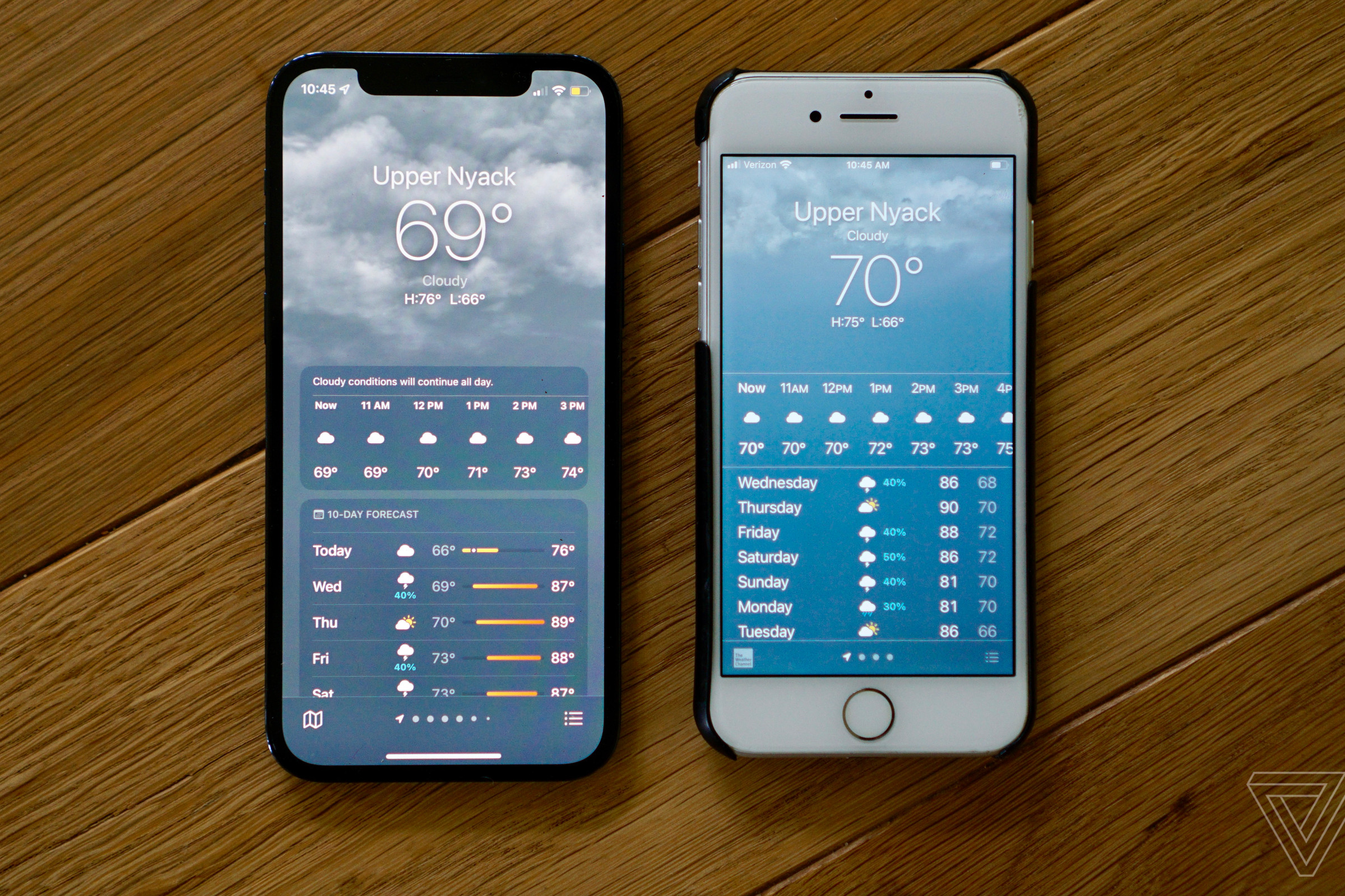 A weather forecast on iOS 15 compared to the rounded forecast on iOS 14.6