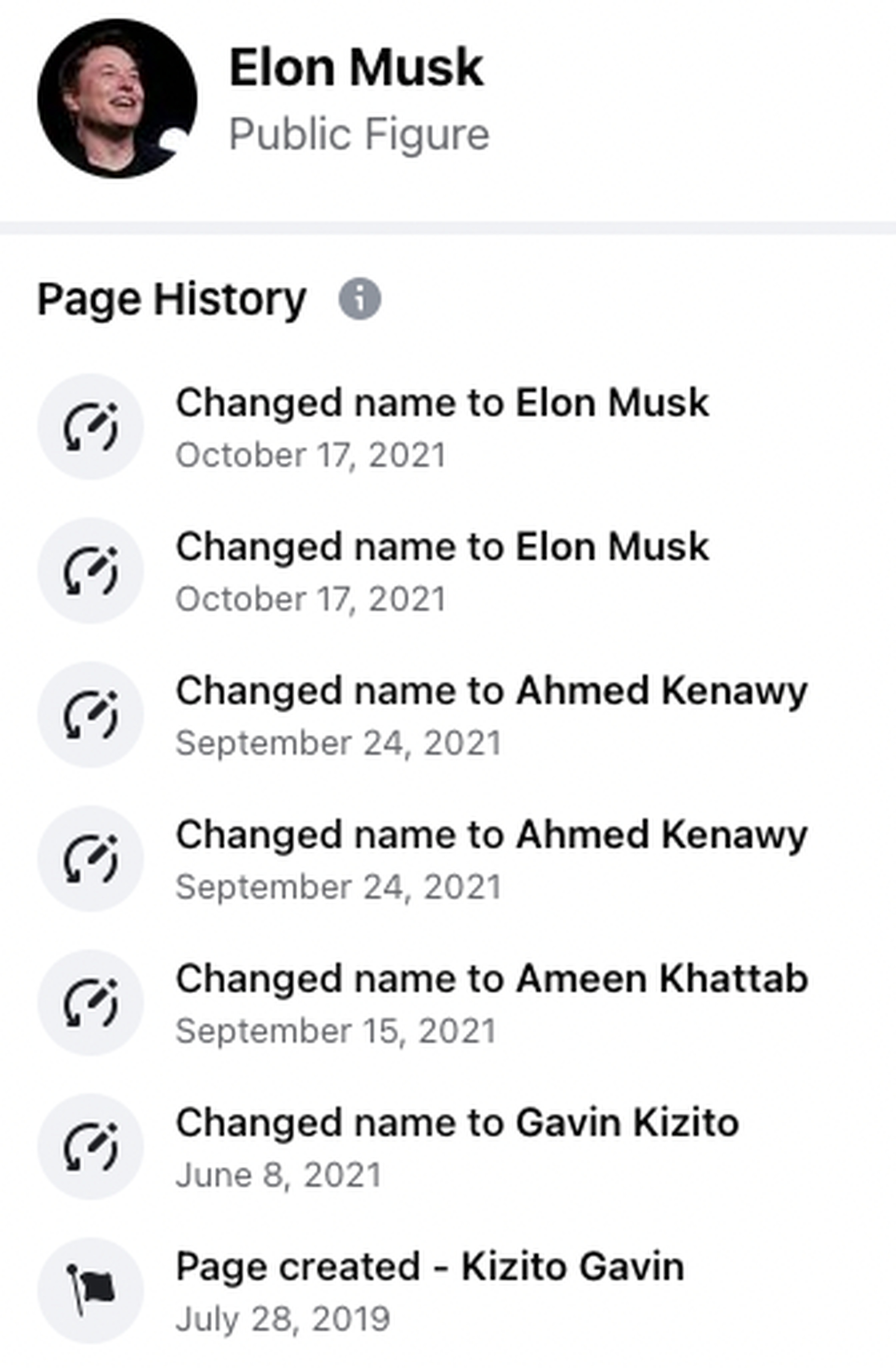 The page started as one for Kizito Gavin, but now apparently is the official one for Elon Musk.