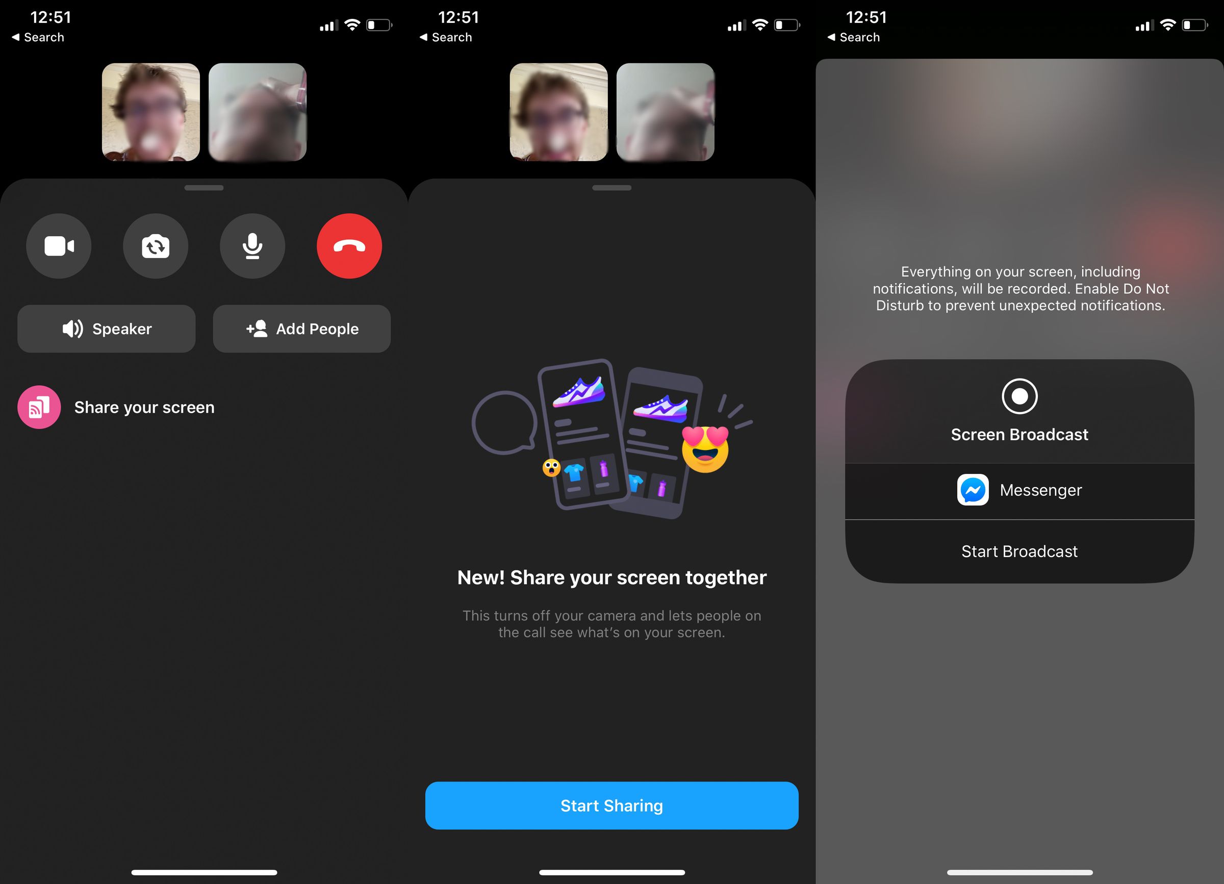 Screen sharing on Messenger on iOS. Faces are blurred to protect the participants’ privacy and vanity. 