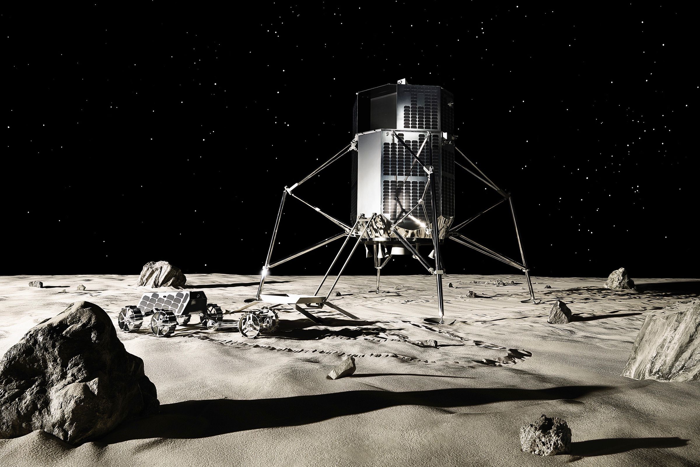 An artistic rendering of ispace’s lunar lander and rover designs.