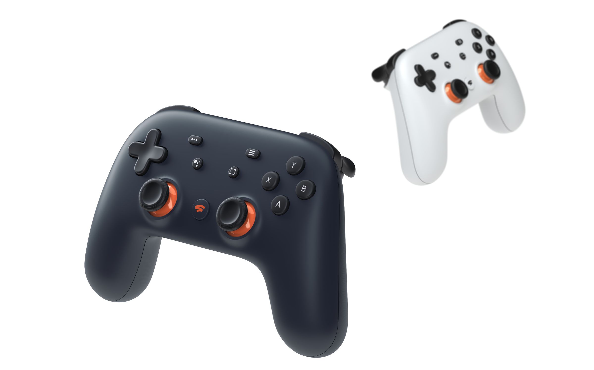 The limited-edition Stadia Founder’s Edition controller in Night Blue, compared to the regular white model.