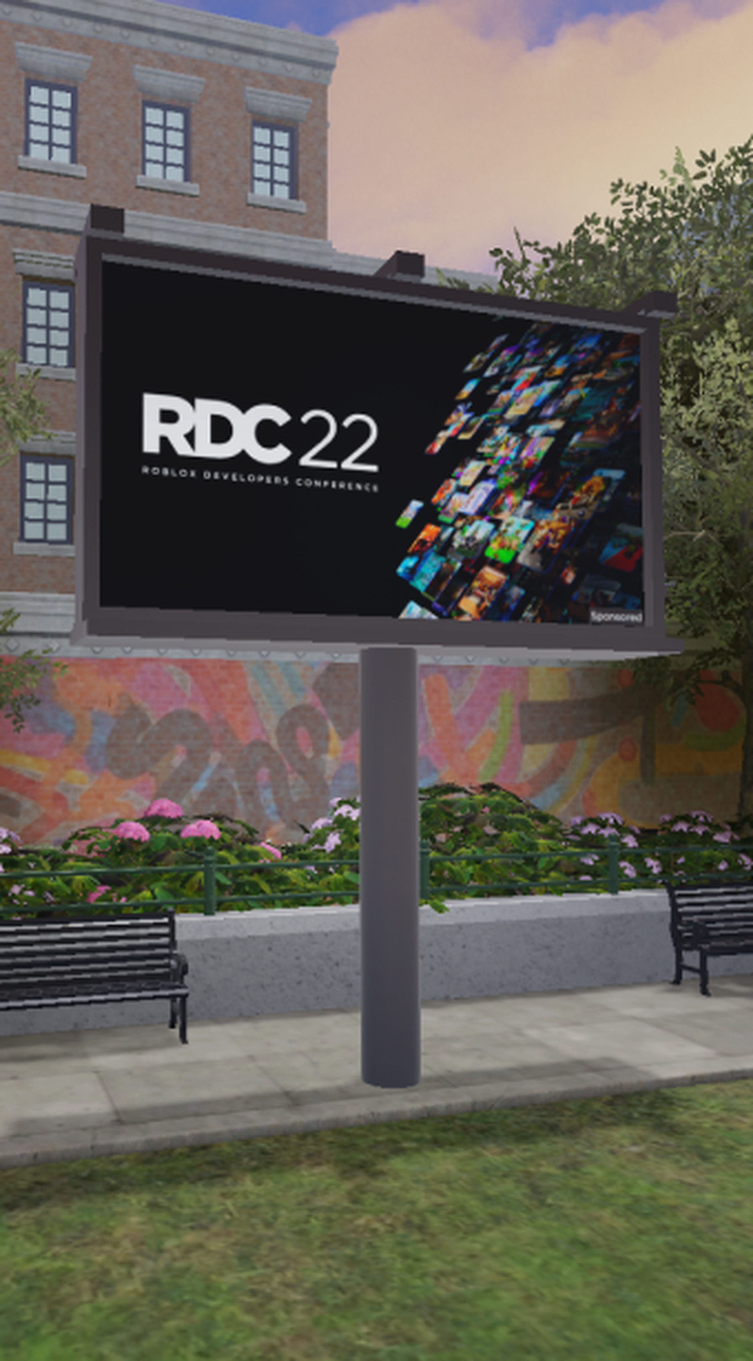 A standing billboard in Roblox is shown with an RDC 22 image on it.