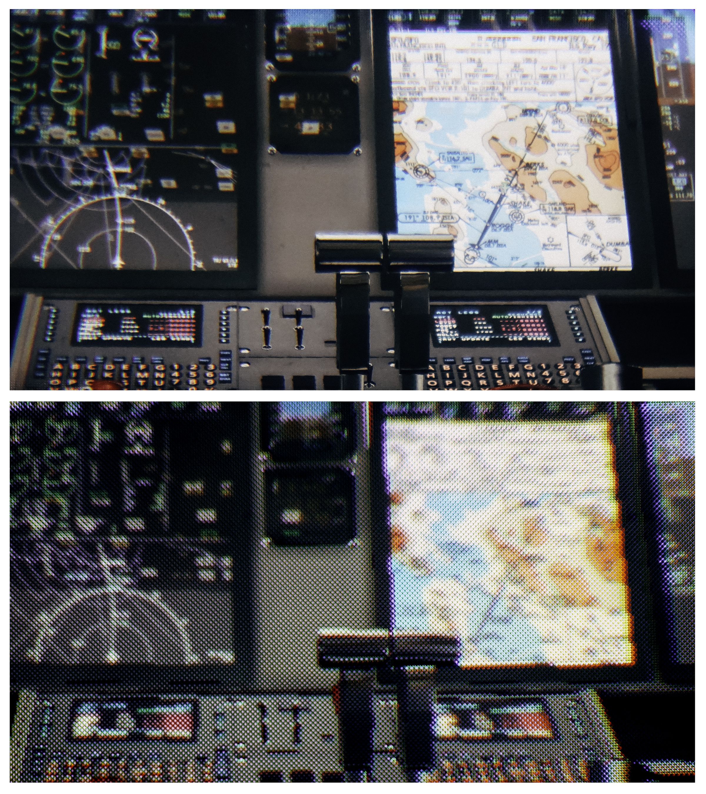 Above, a camera snapshot of the high-resolution display. Below, the same virtual scene as seen through a typical modern VR display.