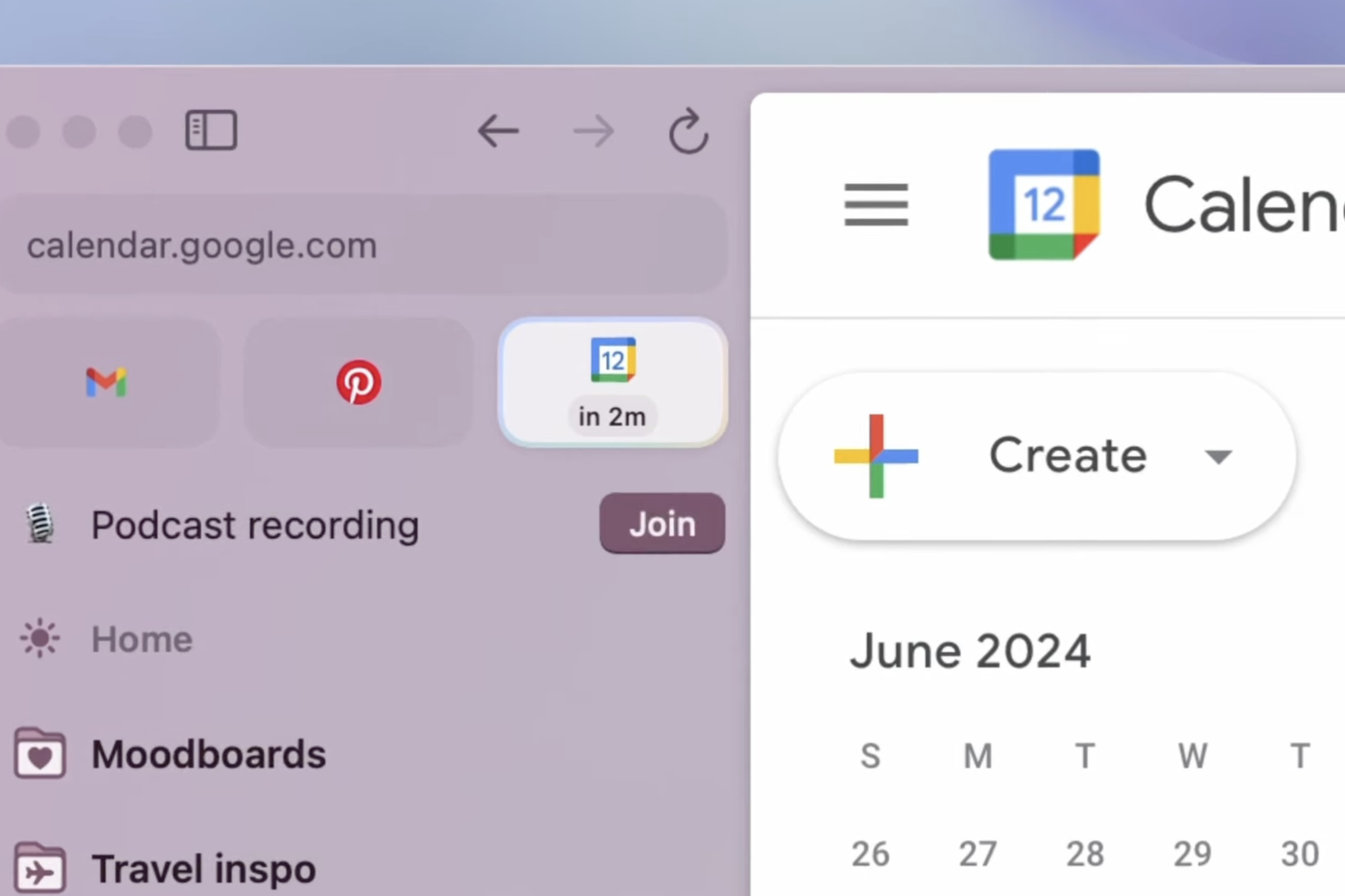 Upper-left corner of Arc window showing a podcast recording join button under the Google Calendar tab
