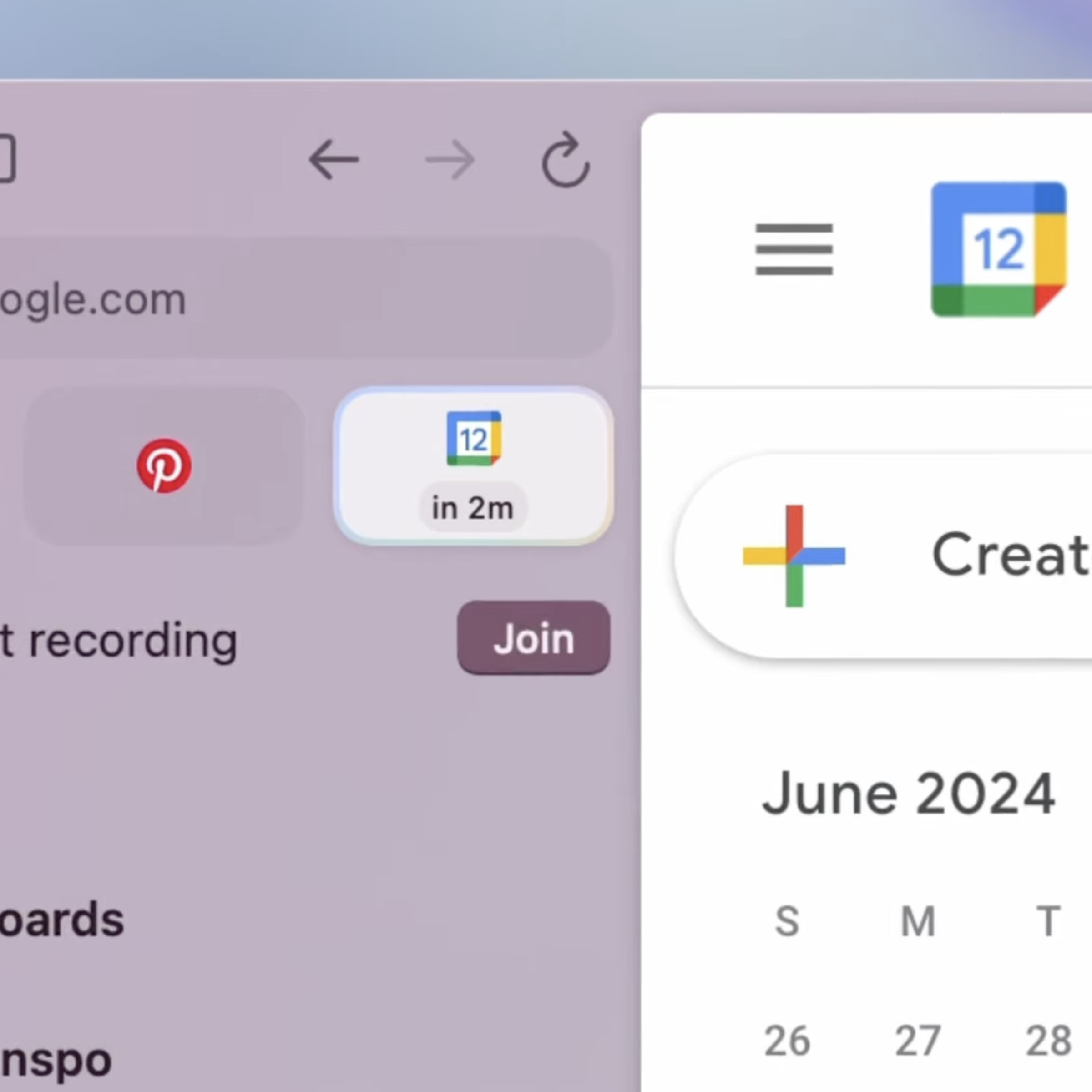Upper-left corner of Arc window showing a podcast recording join button under the Google Calendar tab