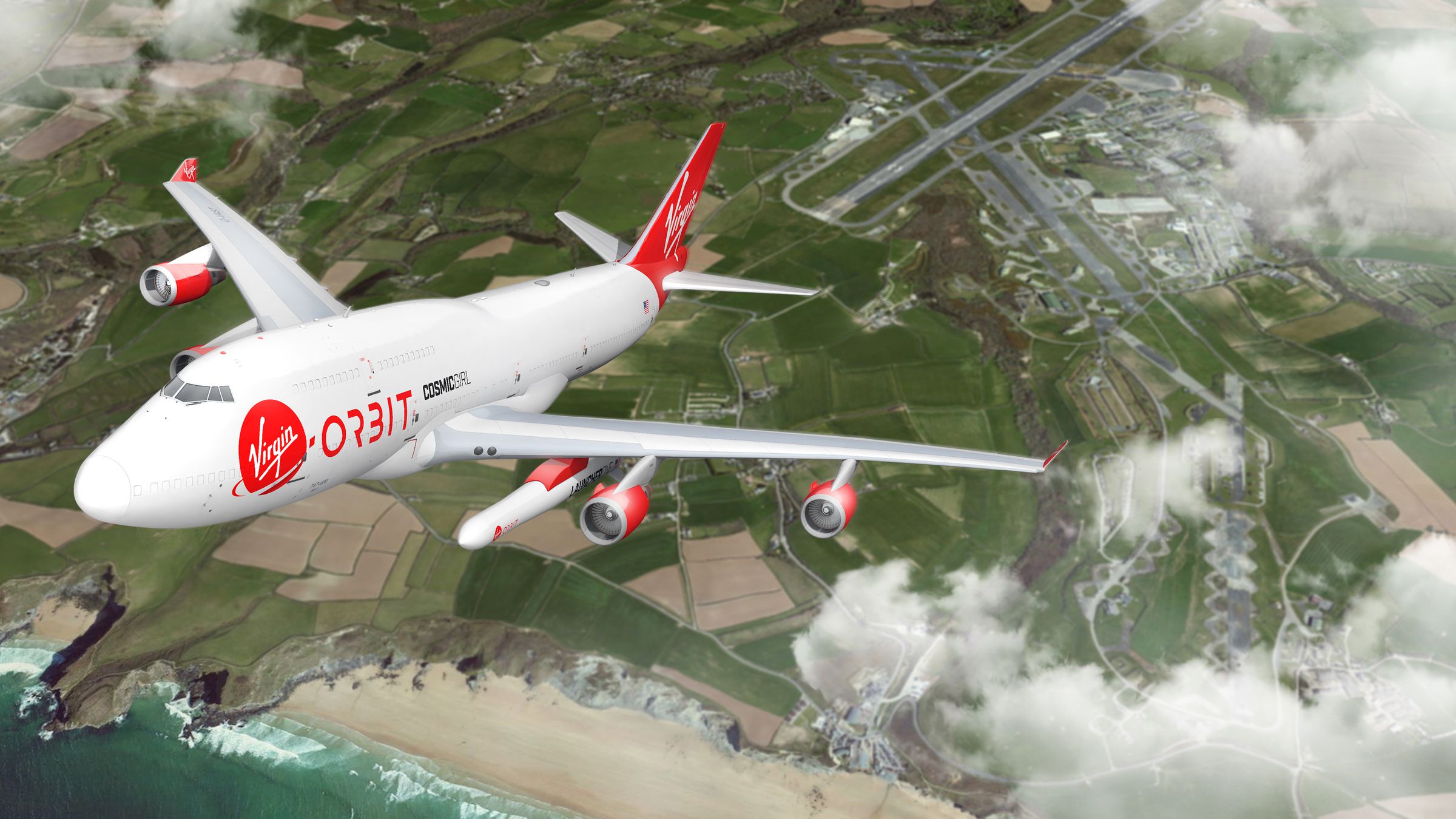 A rendering of Cosmic Girl and LauncherOne taking off from Cornwall.